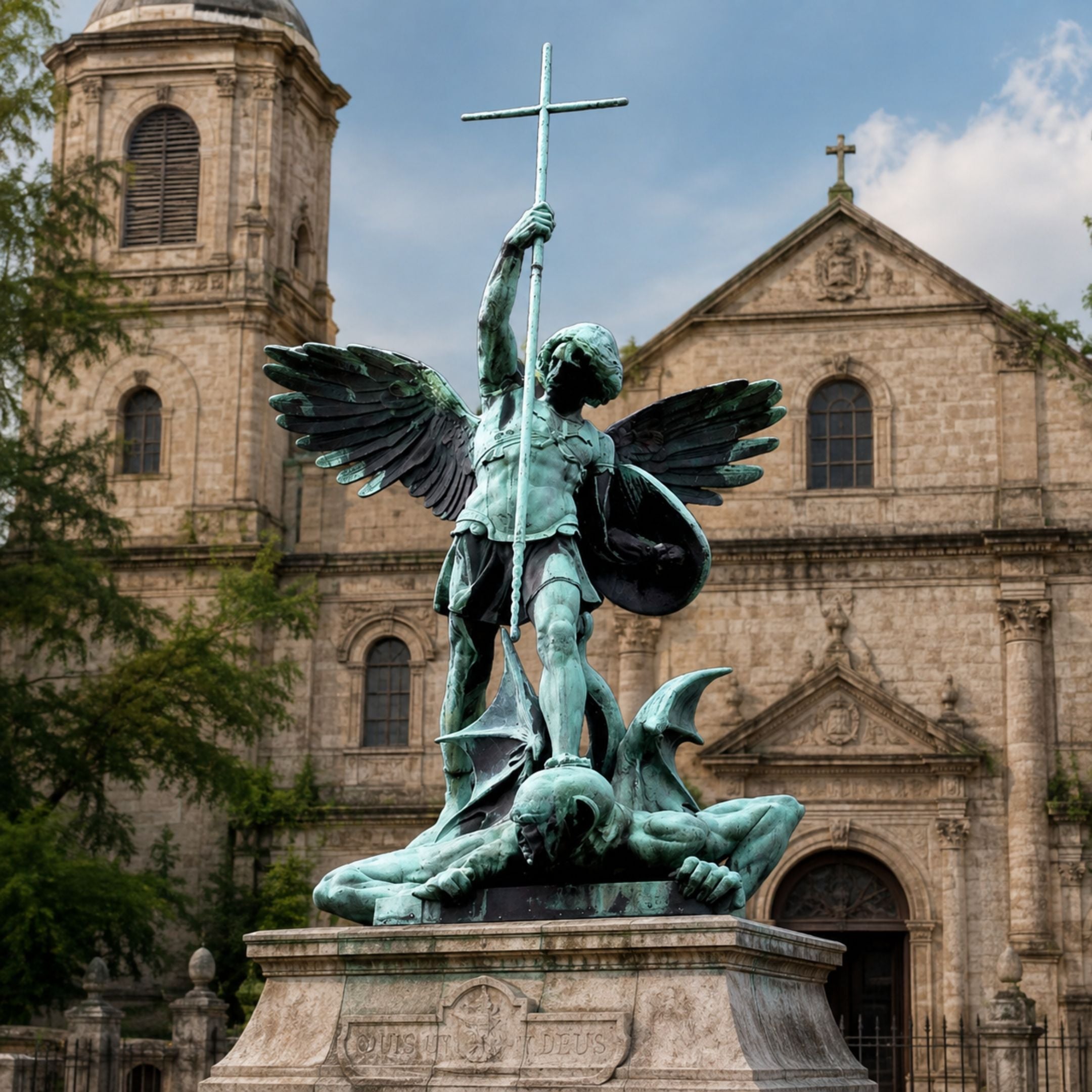 Monumental Classical Saint Michael Archangel Bronze Sculpture, 300cm, winged figure with raised cross and shield atop a fallen figure, on a stone pedestal before a church façade.