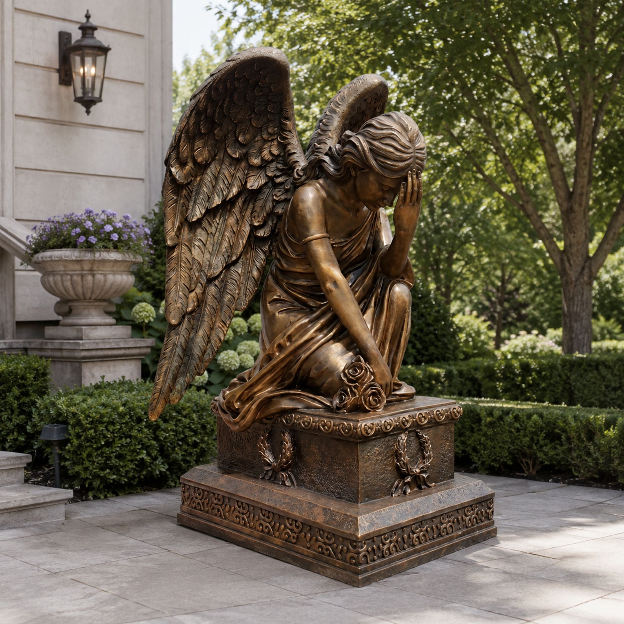 Large Classical Kneeling Angel Bronze Sculpture, 200cm, golden patina finish, on carved pedestal in a garden patio setting with greenery and trees.