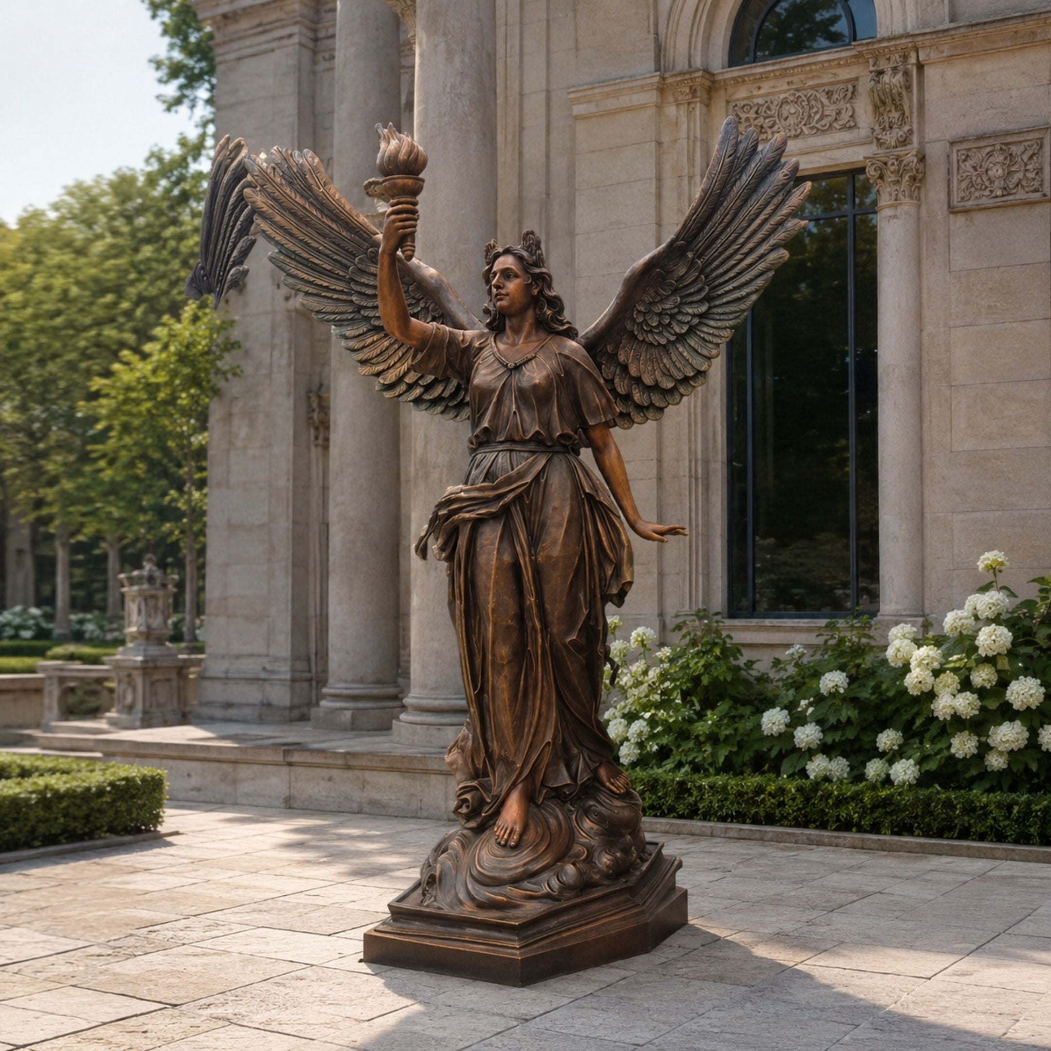 Monumental Classical Winged Angel Bronze Sculpture (Torch and Tablet), 300cm, spread wings and raised torch, on a stone base outside a columned building.