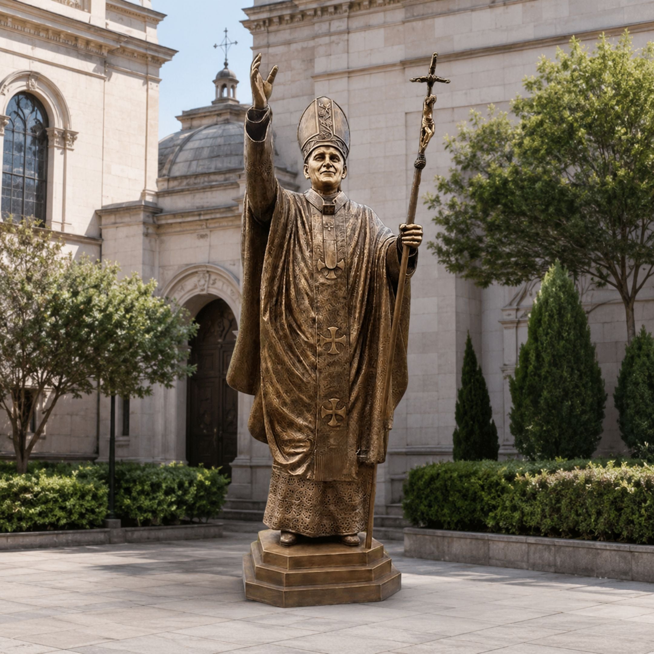 Life-Size Traditional Standing Pope Bronze Statue, 400cm, in bronze with mitre and cross-topped staff, raised hand, on a stepped base outside a stone cathedral courtyard.