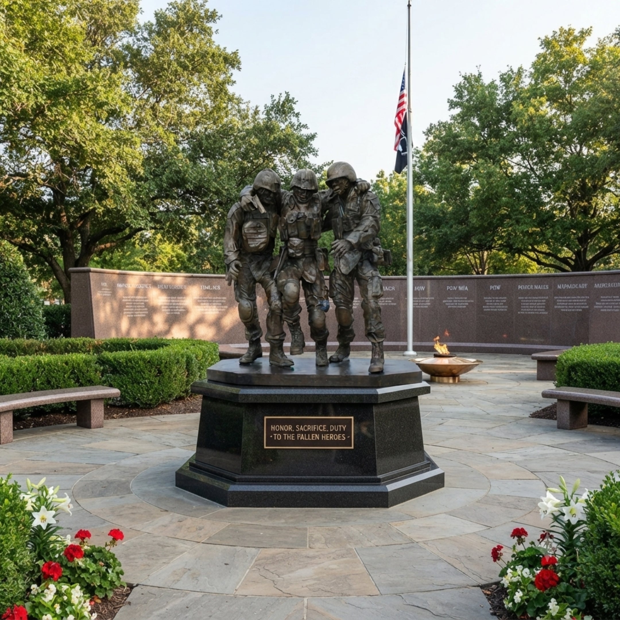 Monumental Contemporary Three Soldiers Bronze Sculpture by Giant Sculptures on granite plinth in a memorial plaza with flagpole, eternal flame, and name wall.
