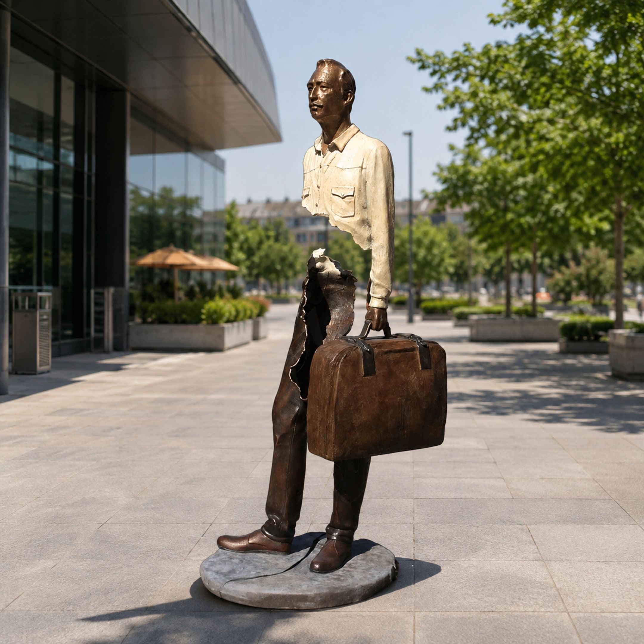 Life-Size Contemporary Fragmentary Traveller Bronze Sculpture, 220cm, by Giant Sculptures, showing a striding suited figure with a hollow torso holding a briefcase, displayed outdoors on a round stone base.
