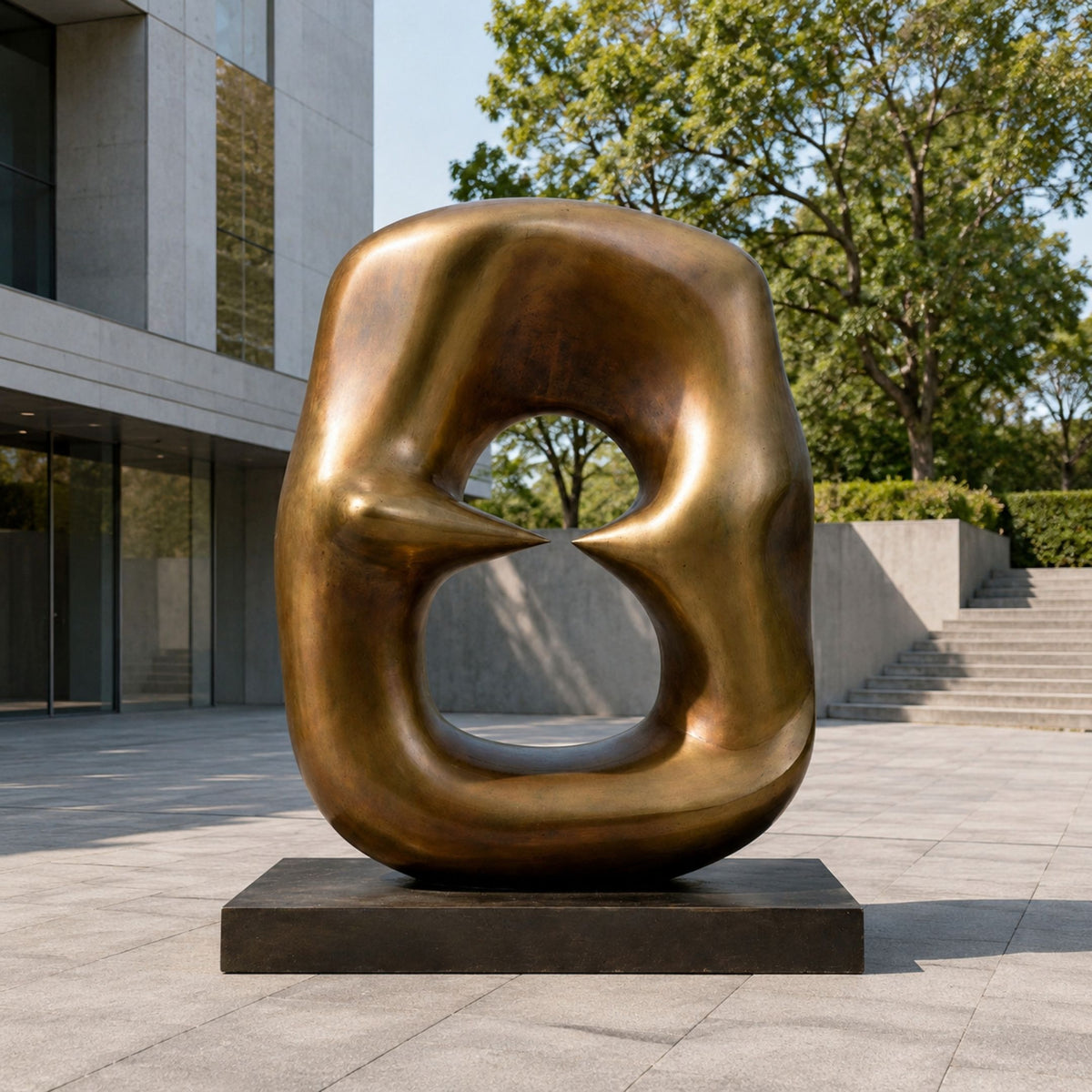 Monumental Modern Abstract Biomorphic Bronze Sculpture, 340cm, gold-toned bronze with interlocking curved lobes and central void, on a black base outside a modern building.