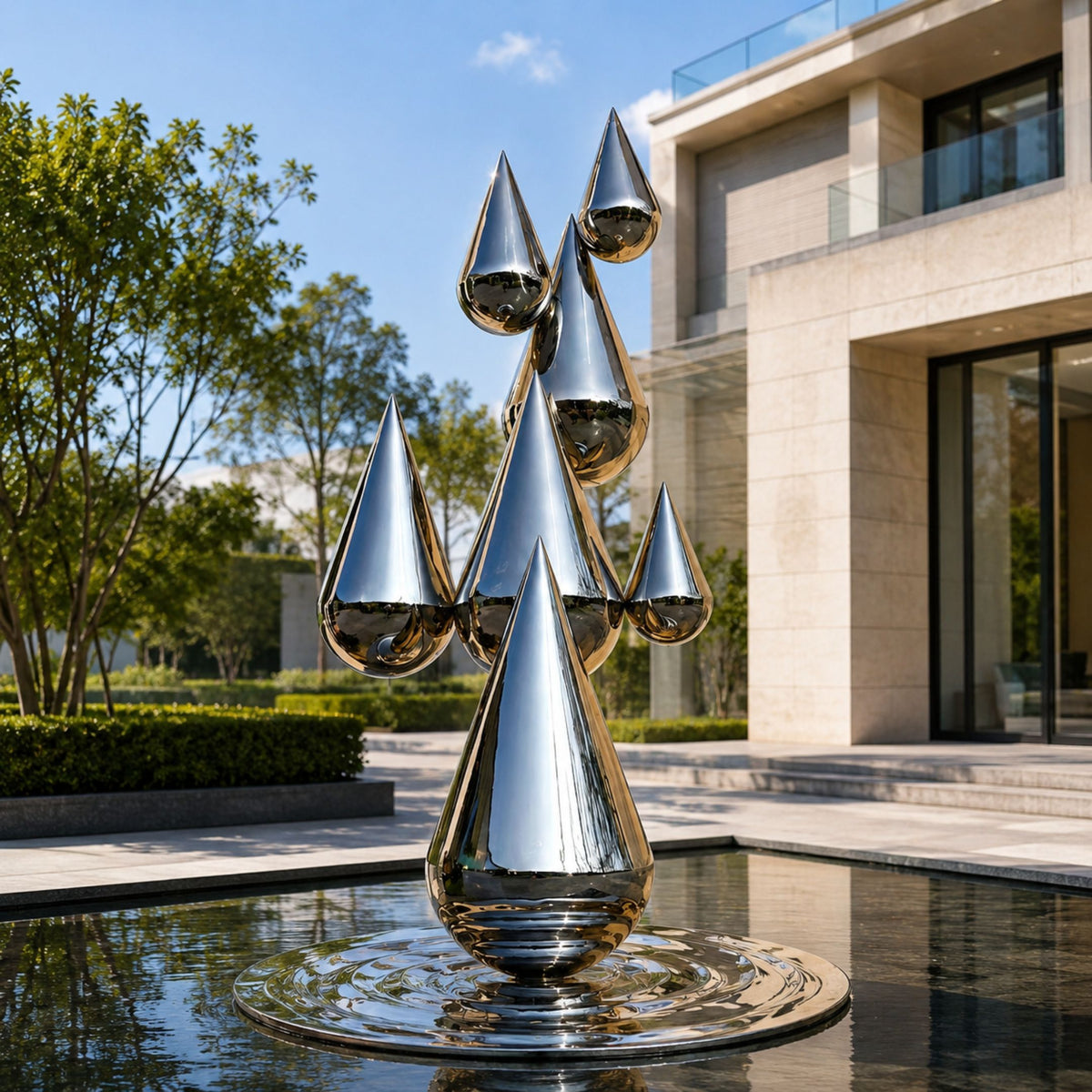 Large Contemporary Abstract Raindrop Cluster Sculpture, 250cm, mirror-polished stainless steel teardrop forms on a water platform outside a modern stone house.