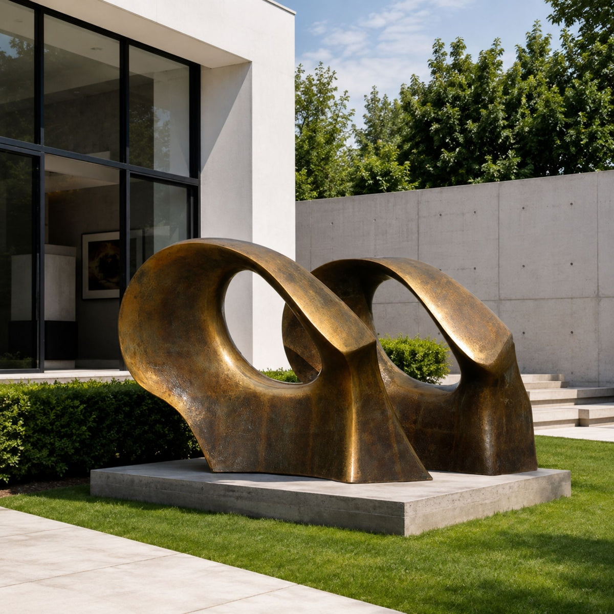 Monumental Modern Abstract Arch Bronze Sculpture, 370cm, two intertwined bronze arches on a stone platform beside a modern building with concrete wall and lawn.