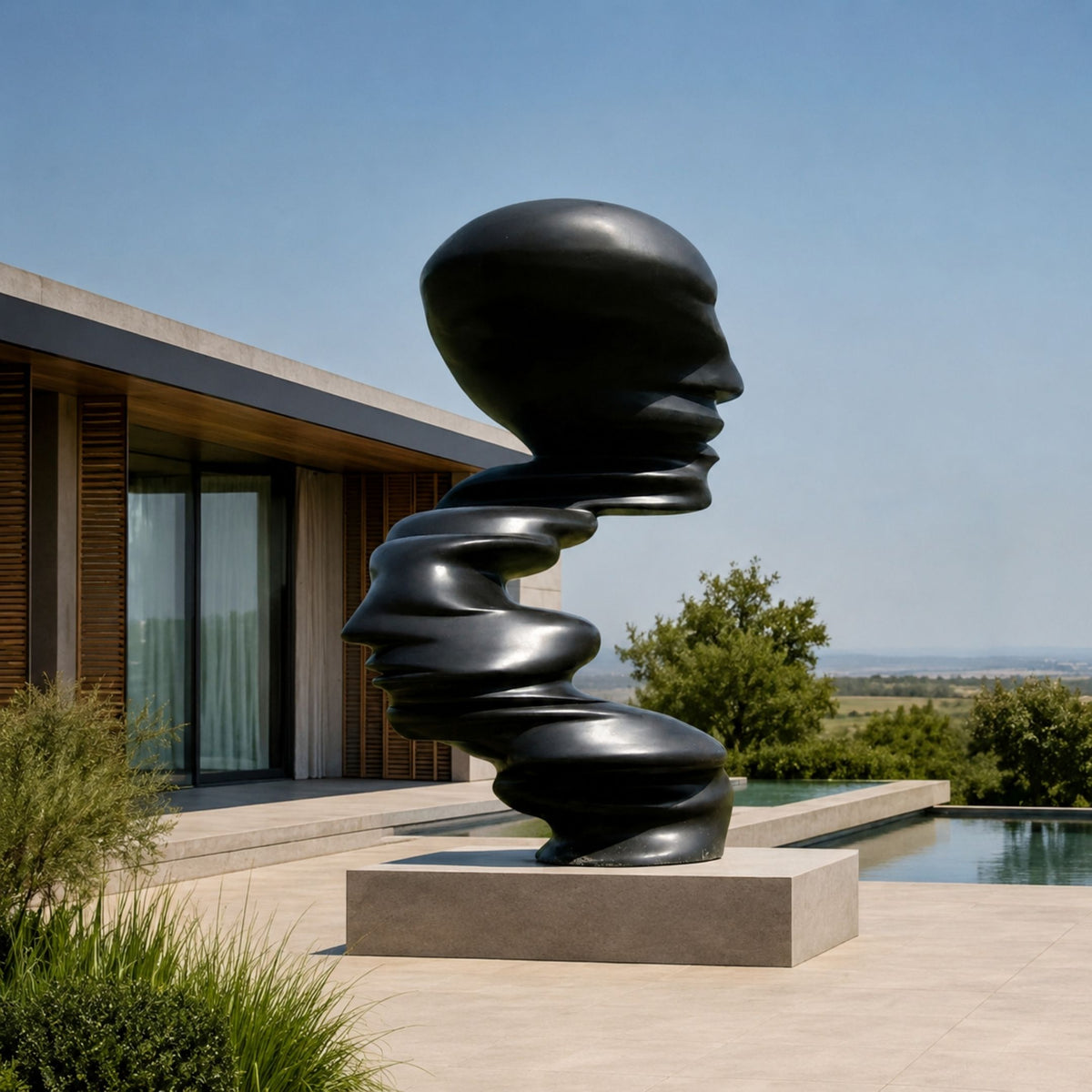 Monumental Modern Spiralling Head Bronze Sculpture, 250cm, black cast bronze face profile atop a twisting spiral, on a stone base beside a modern home and pool.