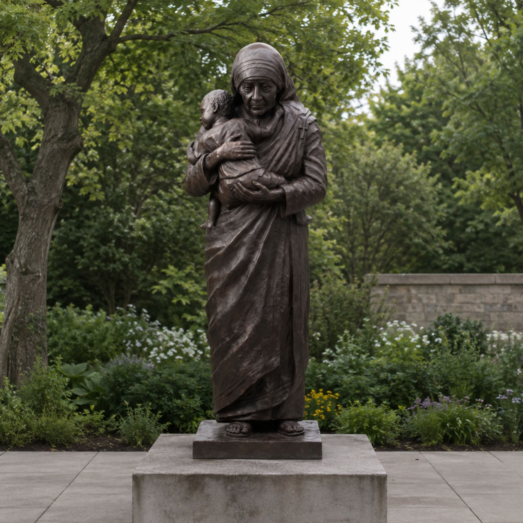 Monumental Traditional Robed Woman and Child Bronze Statue, 300cm, by Giant Sculptures, on a pedestal outdoors amid trees and garden foliage.