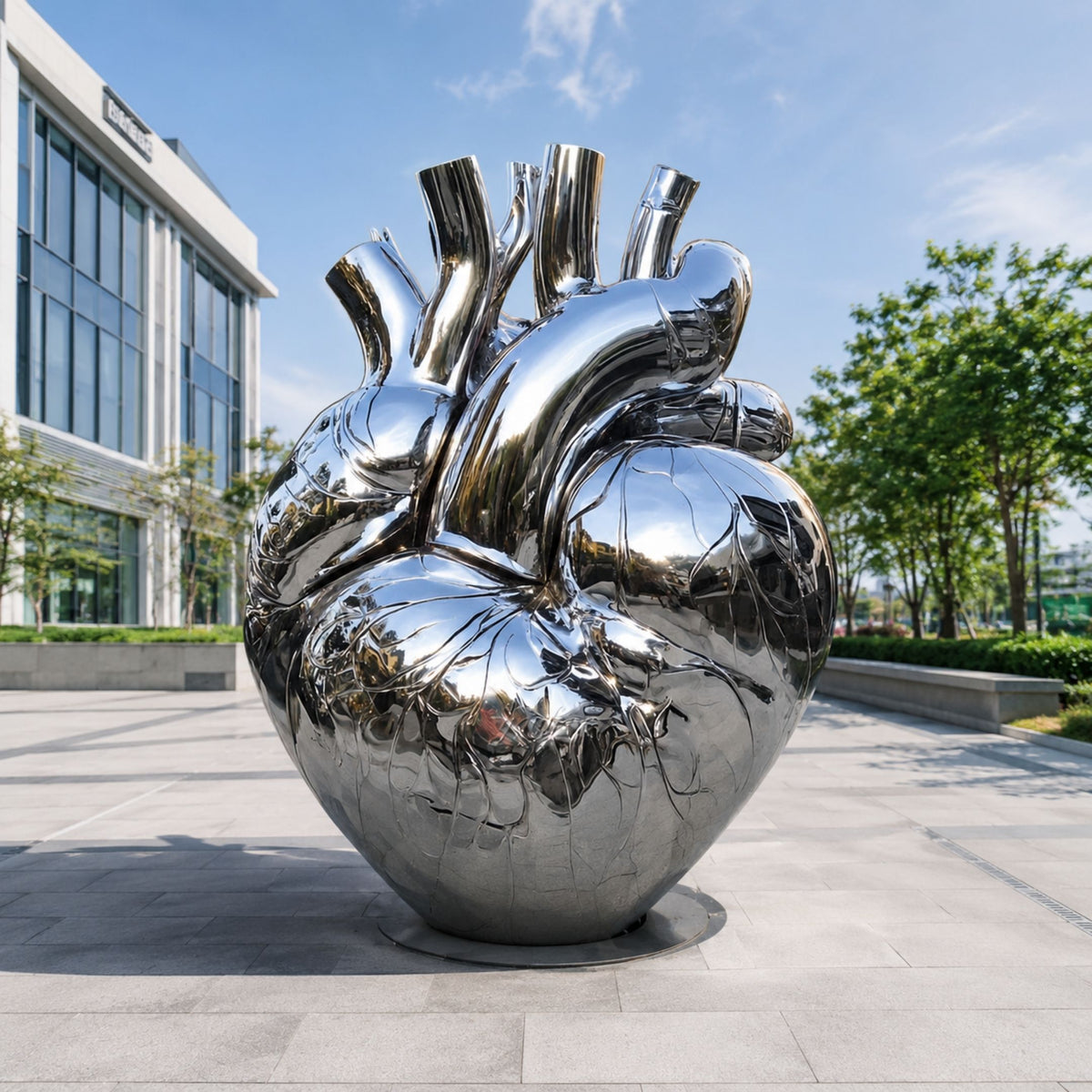 Monumental Contemporary Anatomical Heart Bronze Sculpture, 300cm, mirror-polished metal with branching vessels, displayed outdoors reflecting nearby buildings and trees.