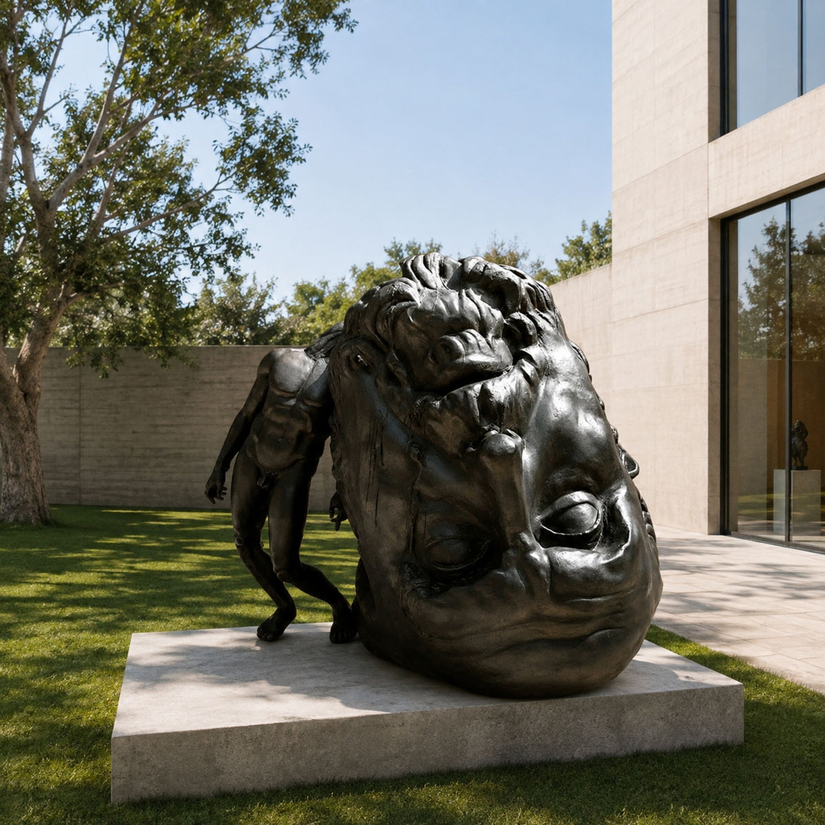 Large Contemporary Oversized Head and Figure Bronze Sculpture, 180cm, showing a giant tilted bronze head with a small nude figure leaning against it, set on a stone base in a courtyard.