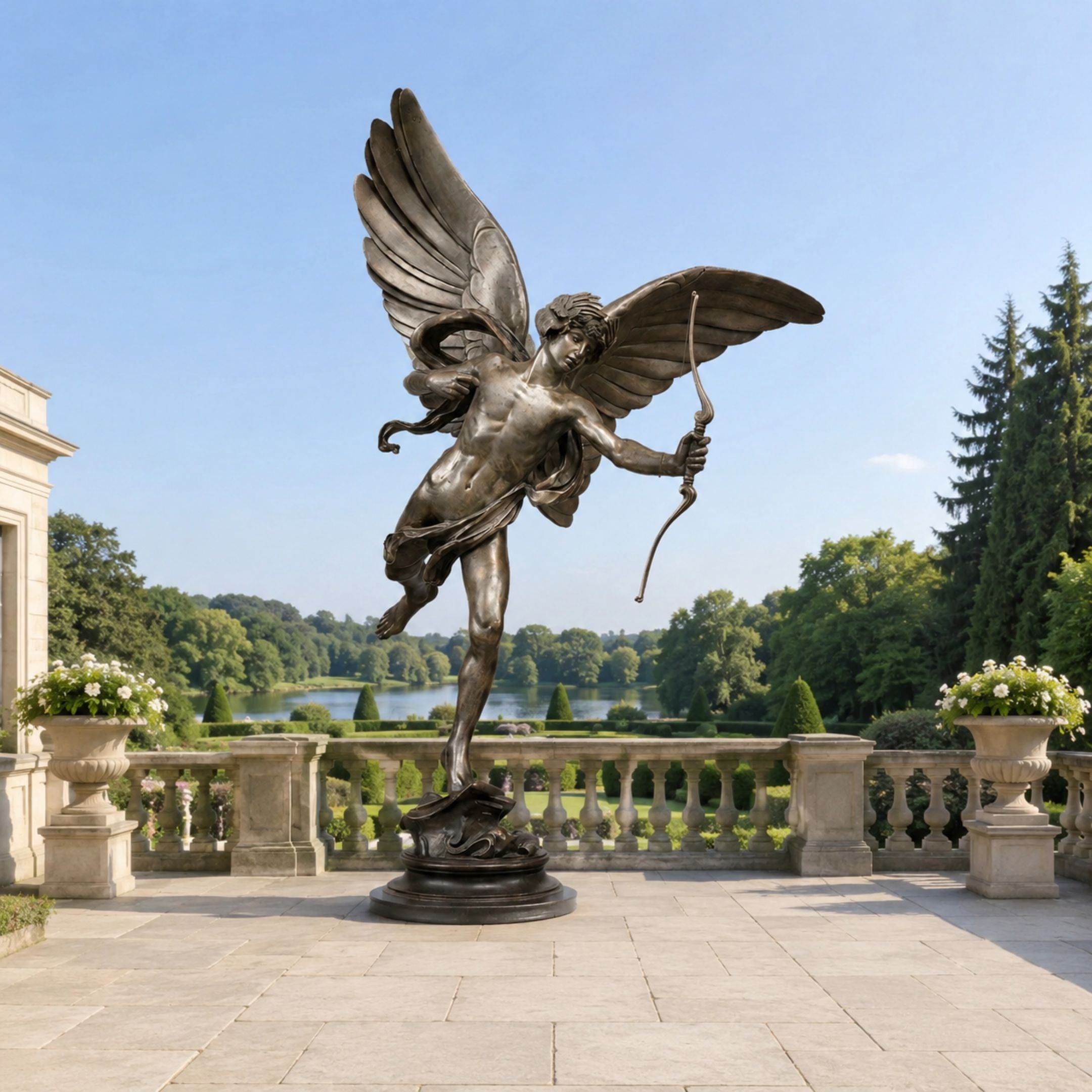 Monumental Classical Cupid Archer Bronze Sculpture, 280cm, winged Eros in dark bronze with bow drawn, on a stone terrace overlooking a landscaped garden and lake.