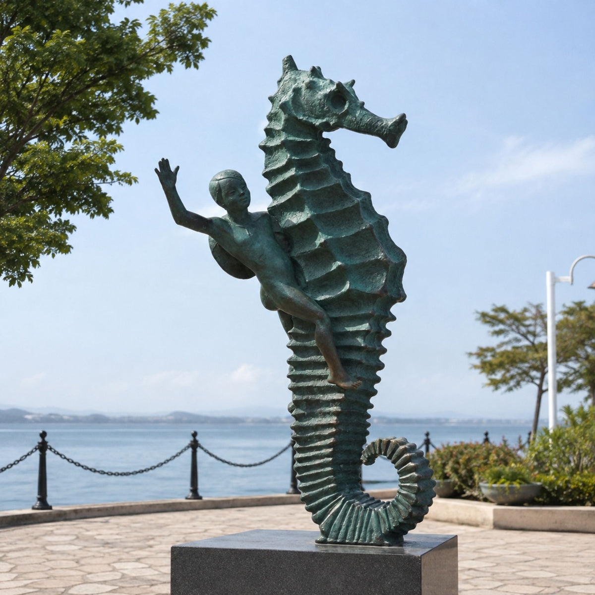 Large Contemporary Child and Seahorse Bronze Sculpture, 200cm, on a stone plinth by a waterfront promenade with trees and sea in the background.
