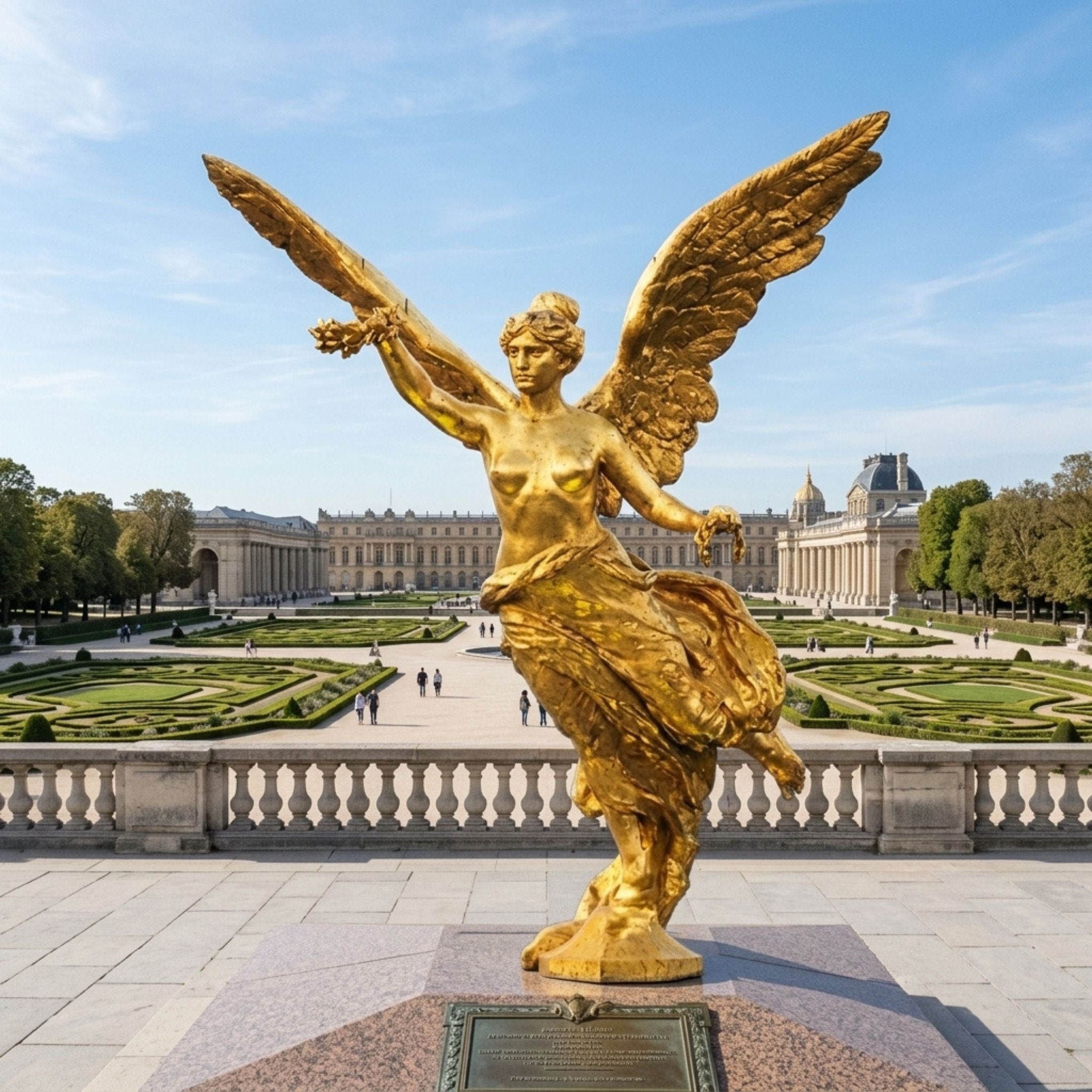 Gold-finished Monumental Classical Winged Victory Angel Bronze Sculpture, 300cm, striding with wings spread and palm branch raised, set in a palace garden.