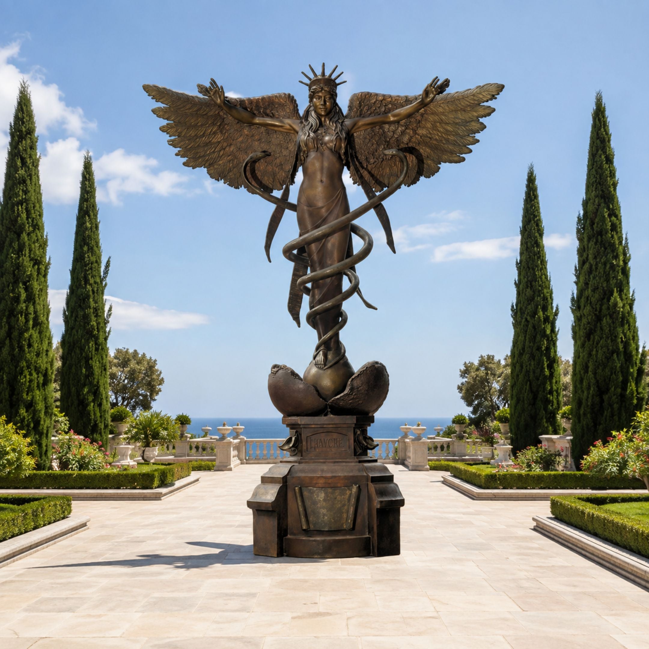 Monumental Classical Winged Angel and Caduceus Bronze Sculpture, 300cm, on a stone pedestal amid a garden courtyard with cypress trees and sea view.