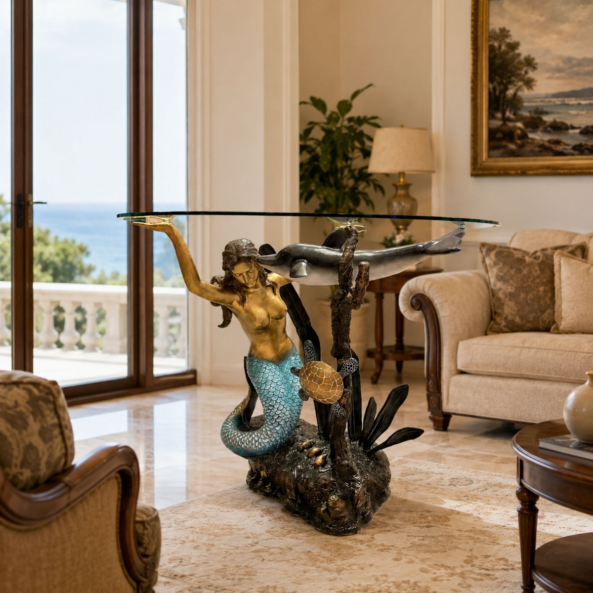 Classical Mermaid and Dolphin Bronze Sculpture, 90cm, gold mermaid with turtle and coral base supporting a glass table, shown in a living room by a sofa and sea-view window.