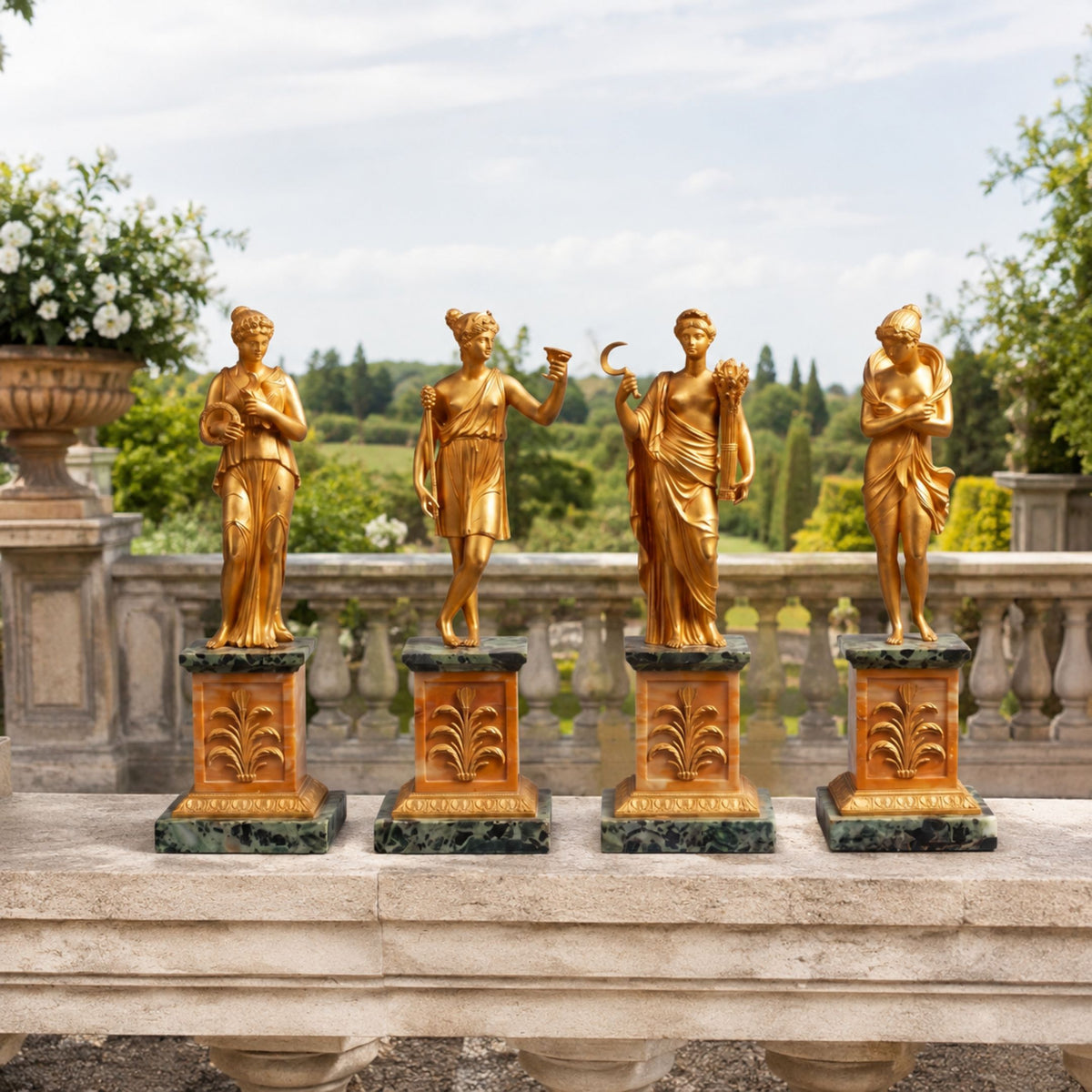 Classical Four Seasons Goddesses Bronze Sculpture Set, 40cm gilded figures on marble bases, displayed outdoors on a stone balustrade with greenery beyond.