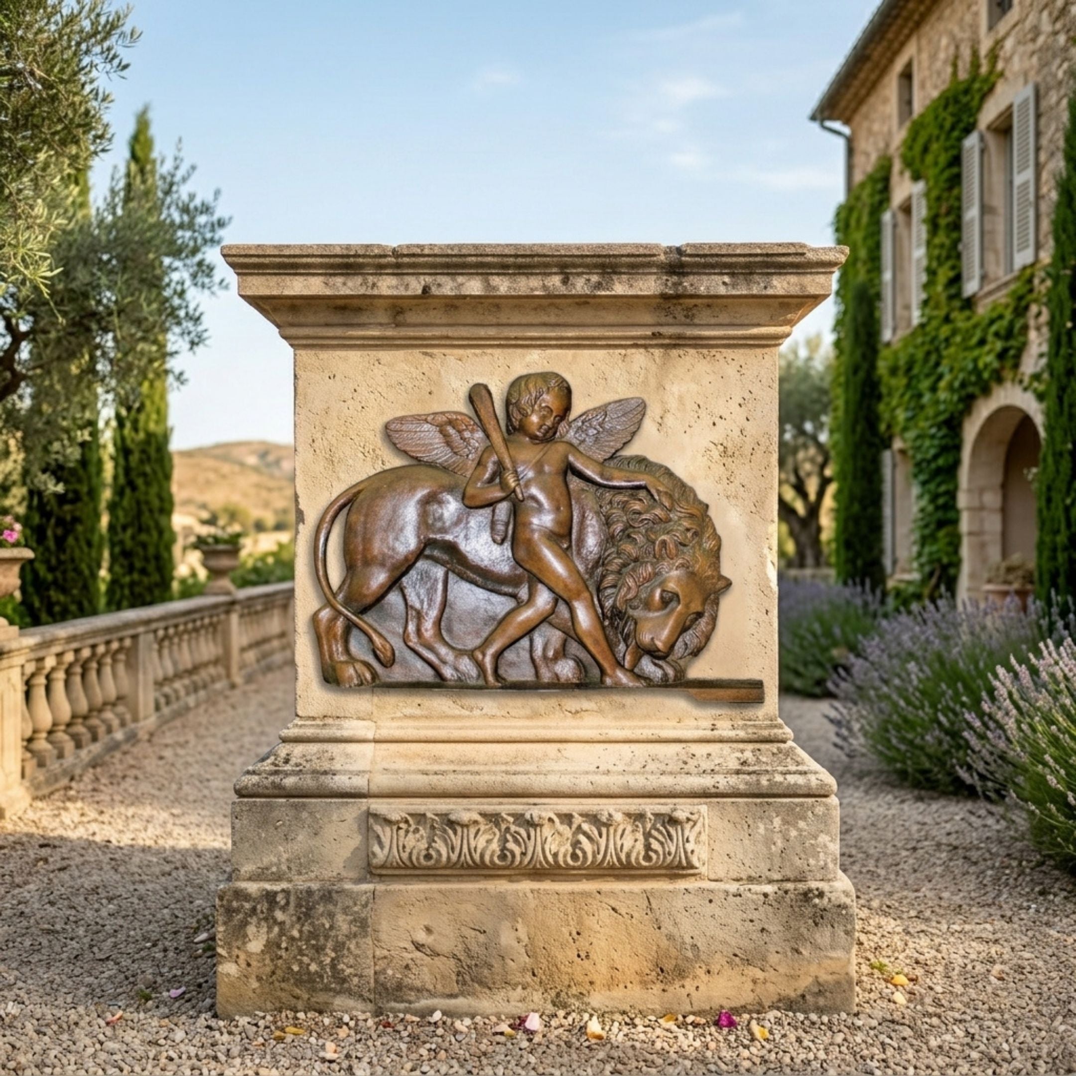 Classical Cherub Subduing a Lion Bronze Relief - 70cm mounted on a stone pedestal outdoors, winged cherub with raised club standing over a lion in cast bronze.