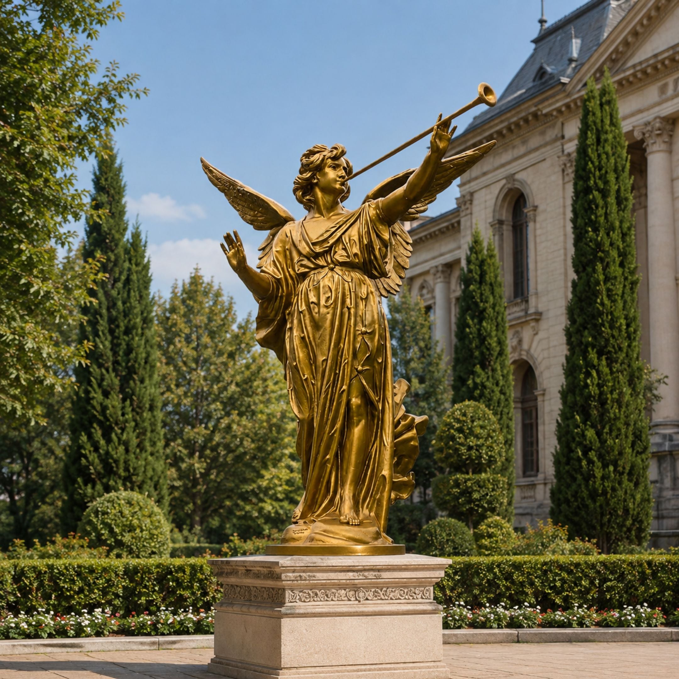 Life-Size Classical Angel Bronze Sculpture, 300cm, gold-finished with spread wings and raised trumpet, displayed on a stone pedestal in a garden setting.