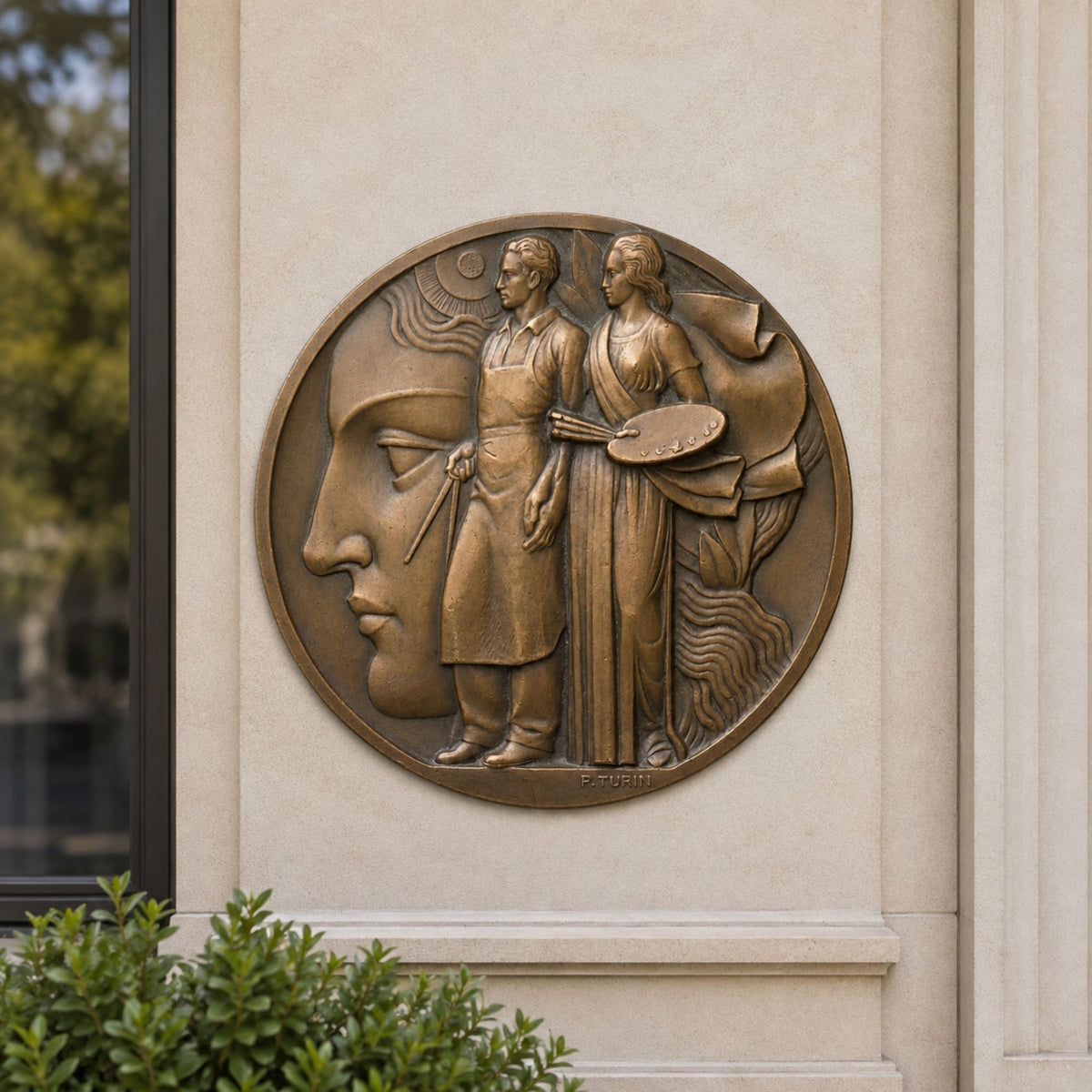 Traditional Artisan and Painter Bronze Relief - 30cm, a circular wall-mounted medallion by Giant Sculptures showing an artisan and painter beside a stylised profile face, mounted on a light exterior wall.