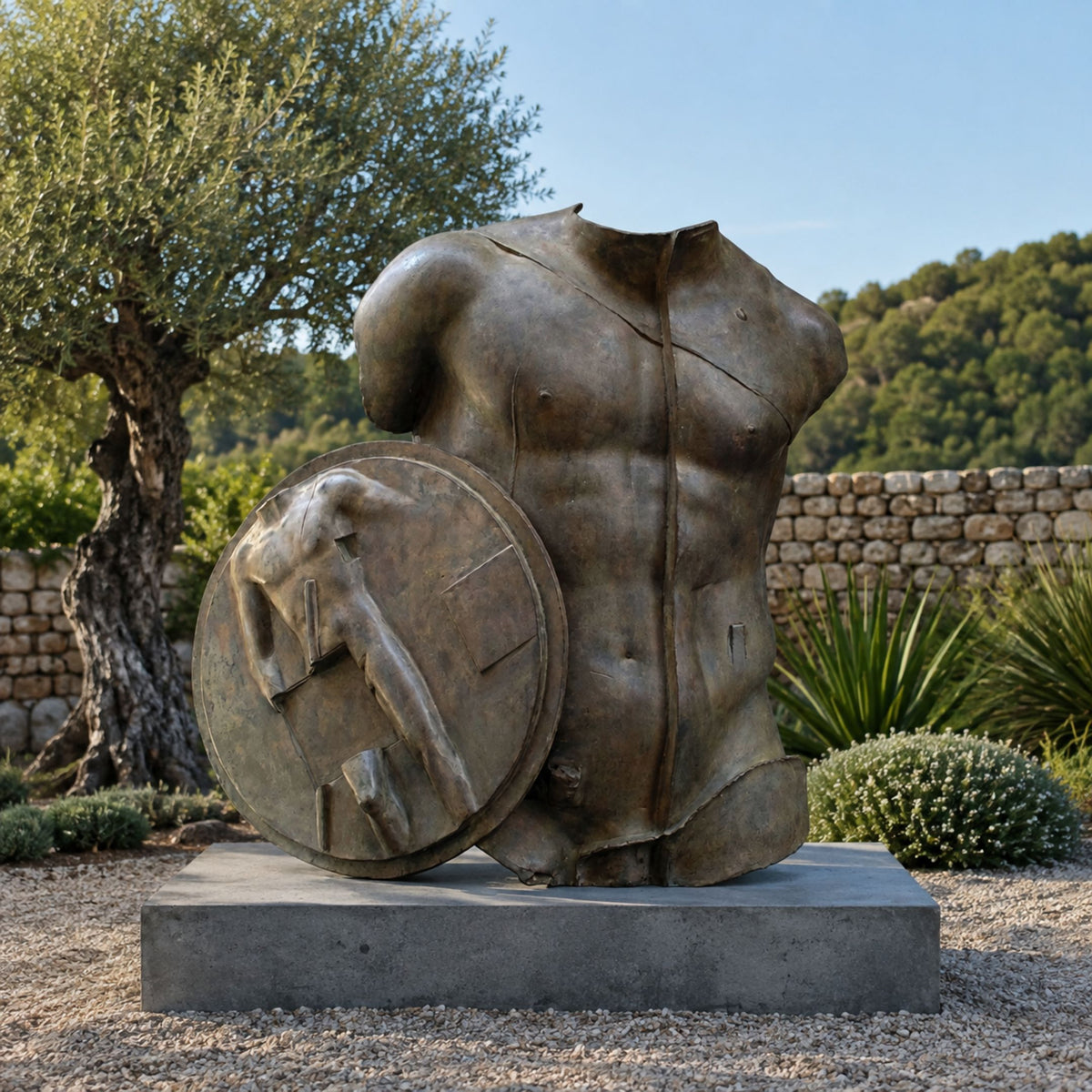 Large Contemporary Fragmentary Warrior Torso Bronze Sculpture, 200cm, headless male torso with relief shield on a stone base, set outdoors near a garden wall.