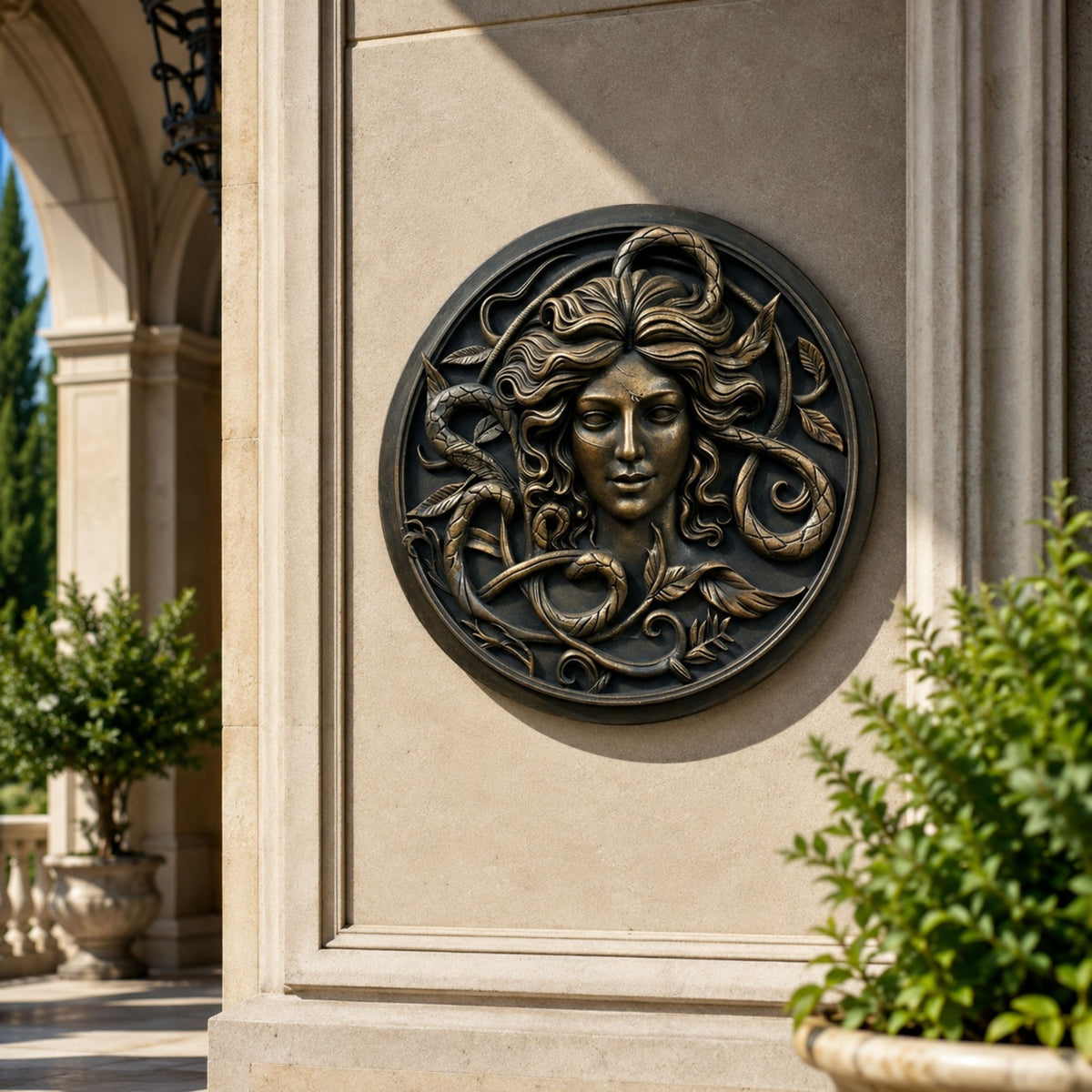 Classical Medusa Head Bronze Relief, 80cm circular wall medallion in black and gold finish with coiling serpents, mounted on an exterior stone wall near columns and greenery.