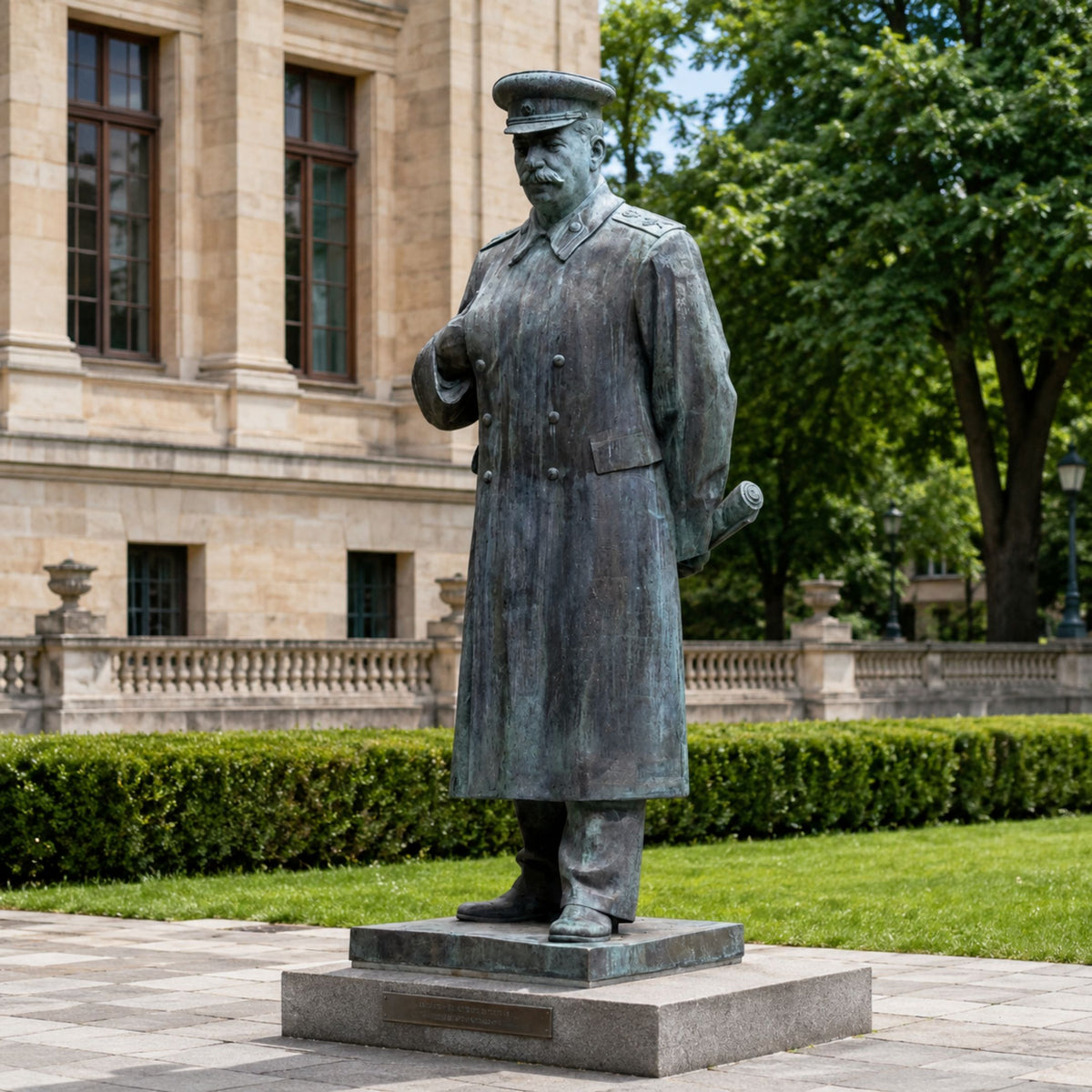 Life-Size Traditional Standing Military Figure Bronze Sculpture, 220cm, on a stone base outdoors near hedges and a stone building facade.