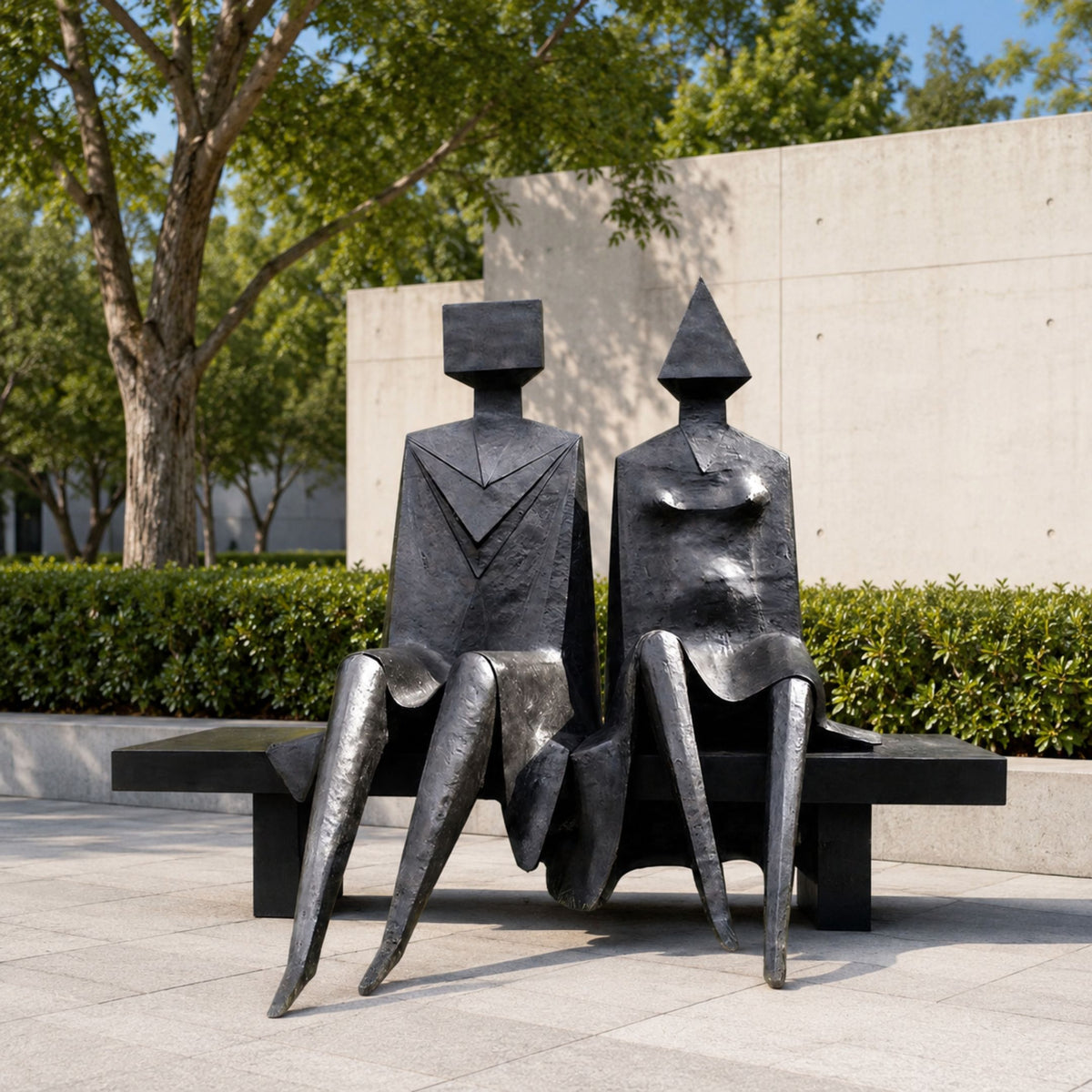 Monumental Modern Abstract Seated Figures Bronze Sculpture, 220cm, black cast bronze pair with cubic and conical heads on a bench, outdoor courtyard setting.