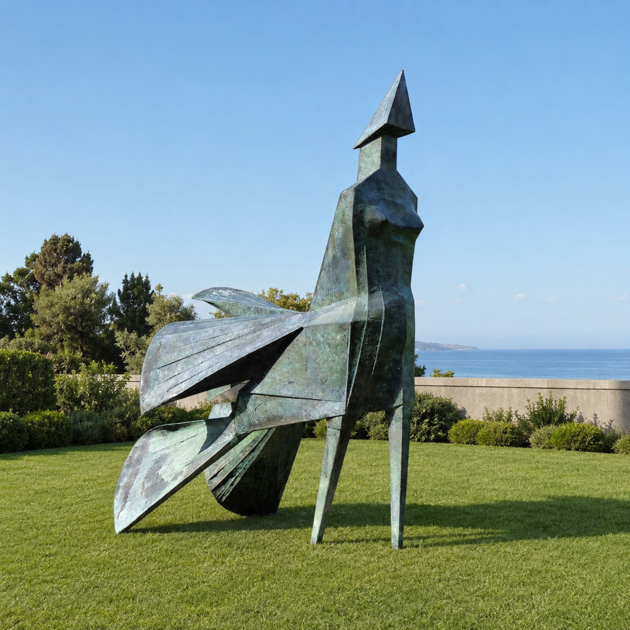 Monumental Modern Abstract Geometric Figure Bronze Sculpture, 250cm, with faceted torso, pyramidal head, and sweeping wing-like planes, shown outdoors on grass near a coastal view.