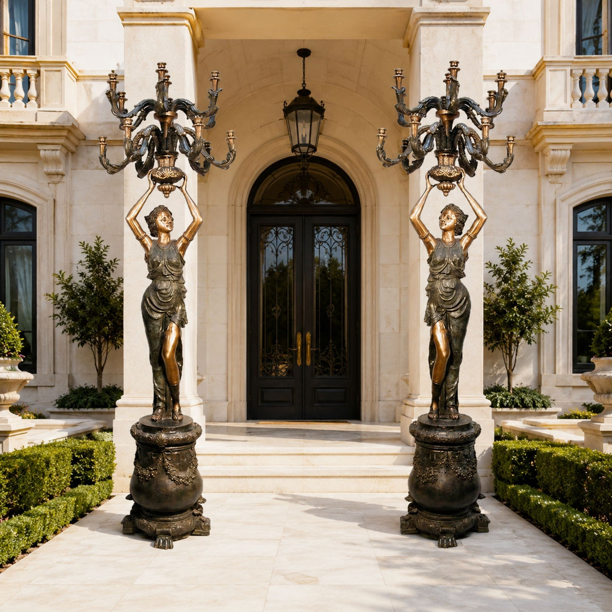 Monumental Classical Goddess Candelabra Bronze Sculpture Pair, 210cm, flanking a mansion entrance with bronze figures raising nine-arm candelabras above urn-shaped bases.