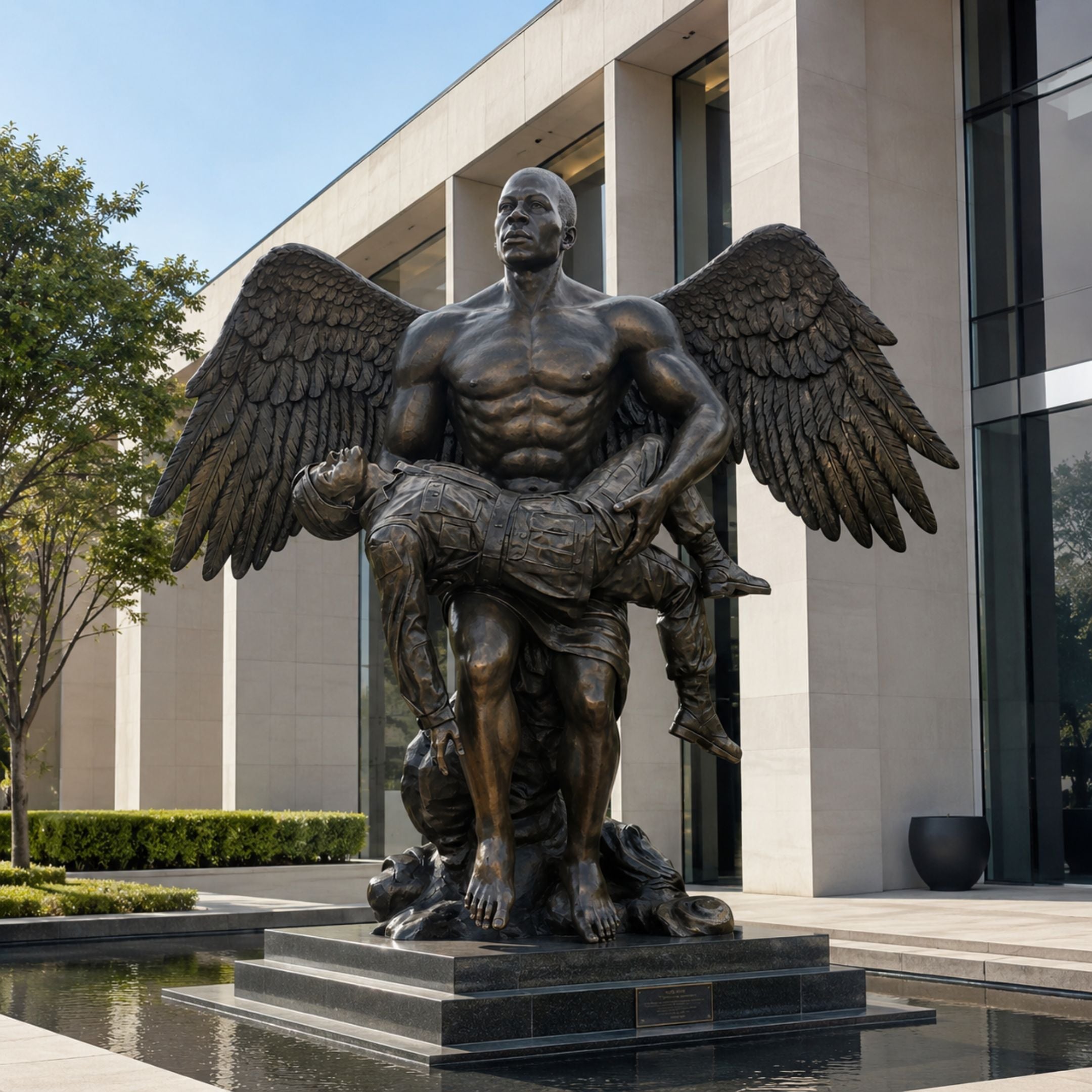 Monumental Contemporary Winged Angel Bronze Sculpture, 300cm, a muscular winged figure cradling a smaller person, displayed on a stone plinth outside a modern building.