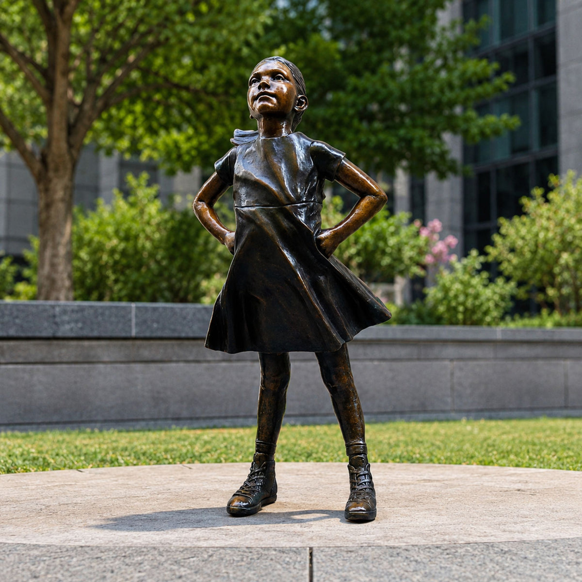 Life-Size Contemporary Defiant Girl Bronze Sculpture, 130cm, hands on hips, gazing upward, cast bronze finish, displayed outdoors on a stone platform near greenery.