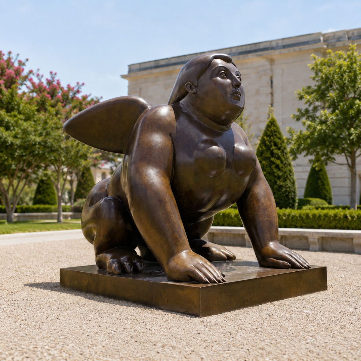 Monumental Contemporary Winged Female Sphinx Bronze Sculpture, 250cm, in a sphinx-like crawl with wings raised, outdoors on a stone base near trees.