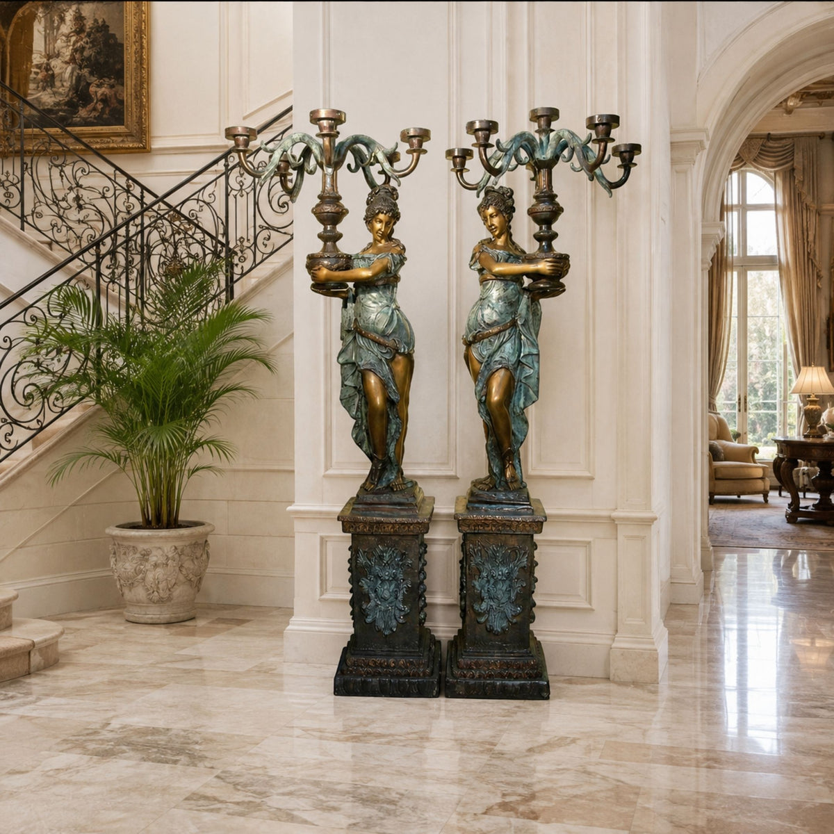 Large Classical Draped Goddess Candelabra Bronze Sculpture - 180cm