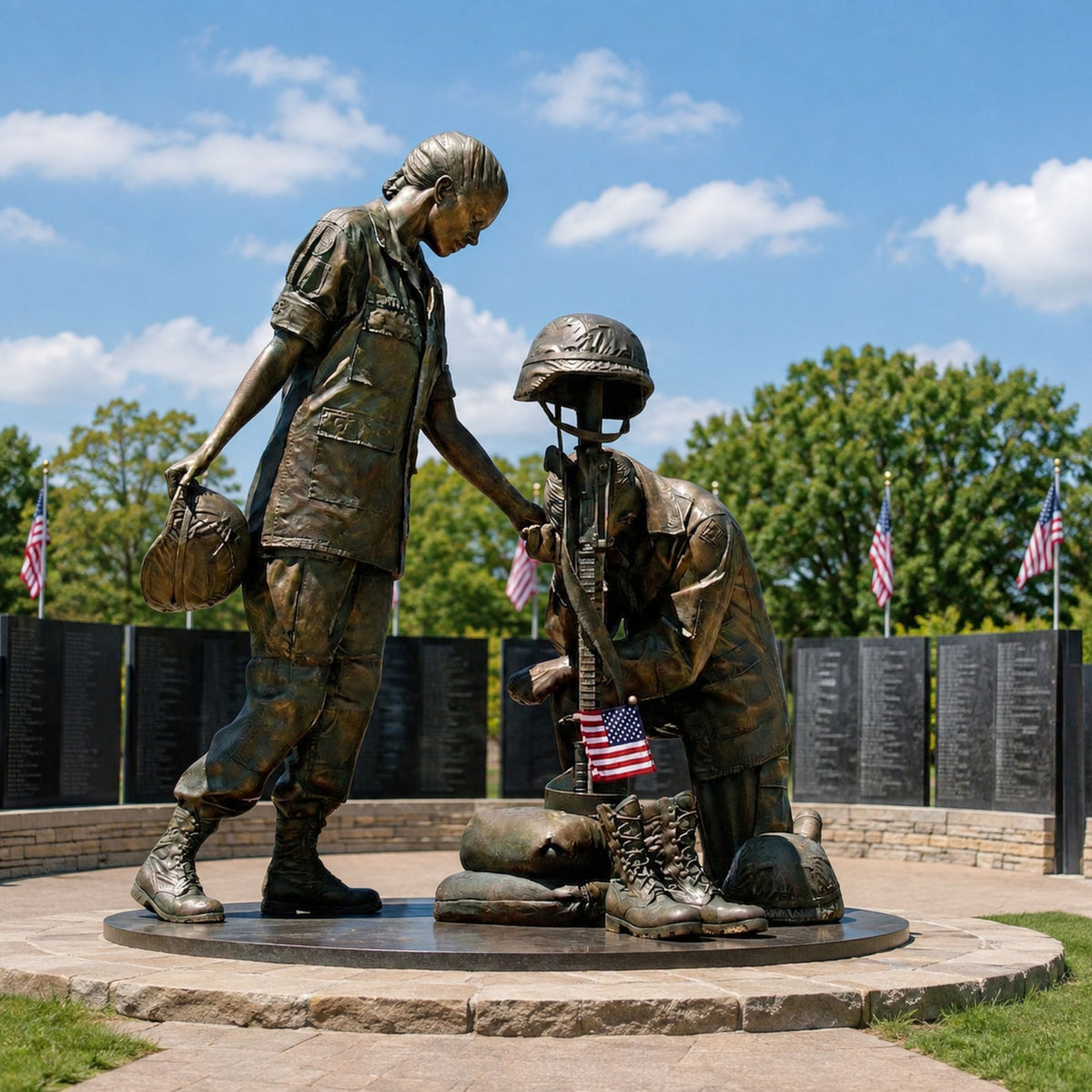 Monumental Contemporary Female Soldier Memorial Bronze Sculpture, 350cm, showing two bronze female soldiers at a battlefield cross with rifle, helmet, and boots, set outdoors near a memorial wall.