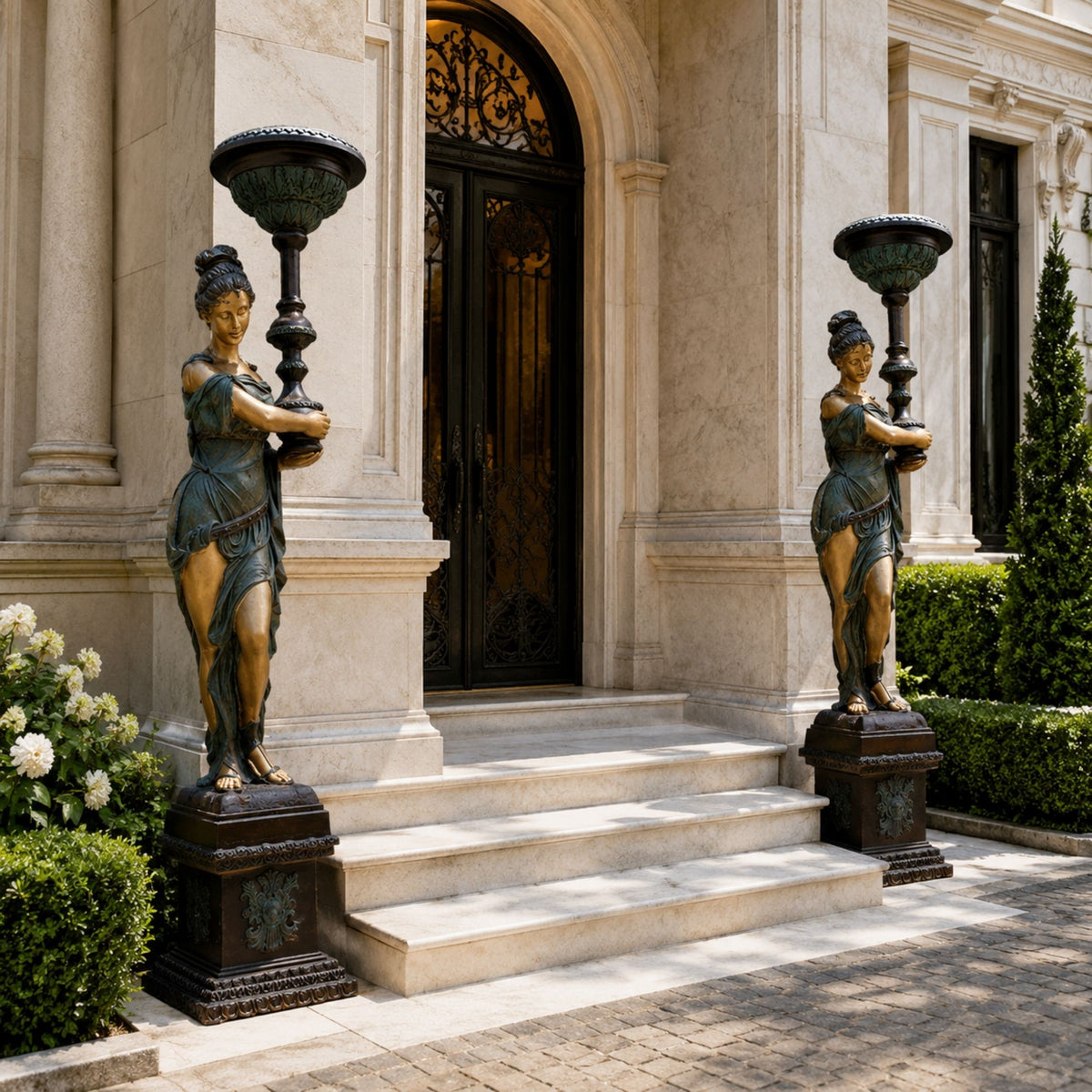 Monumental Classical Torch-Bearer Goddess Bronze Sculpture pair, 230cm, flanking an entrance staircase with draped figures holding candelabra lamp standards on pedestal bases.