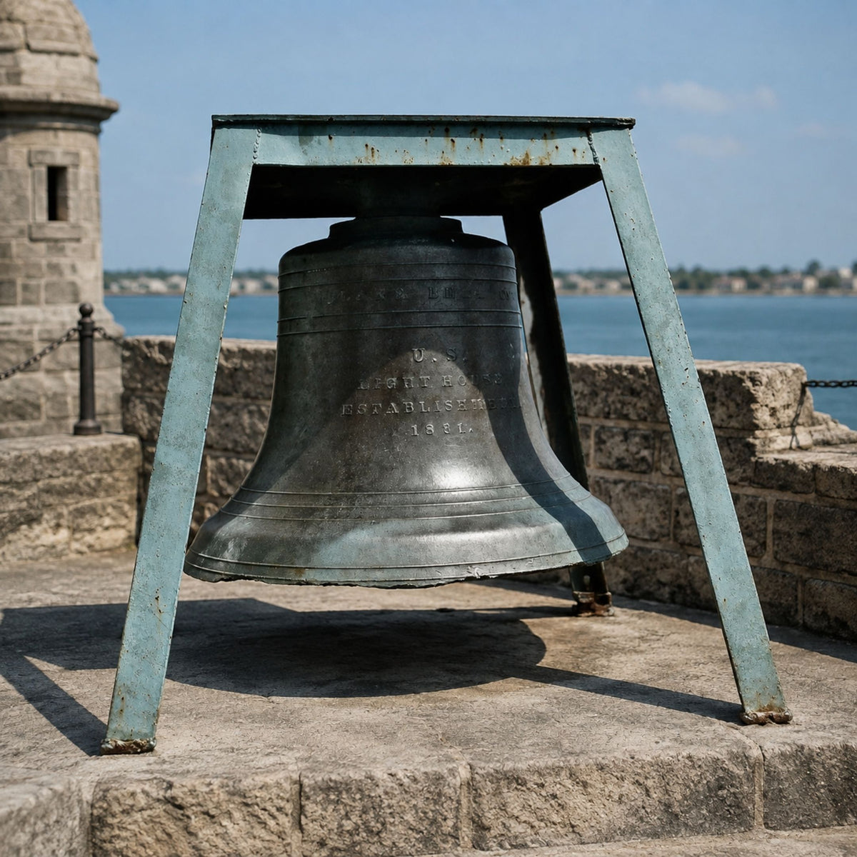 Large Traditional Bronze Bell Sculpture - 90cm, mounted in a four-legged A-frame stand outdoors near a stone wall overlooking water.