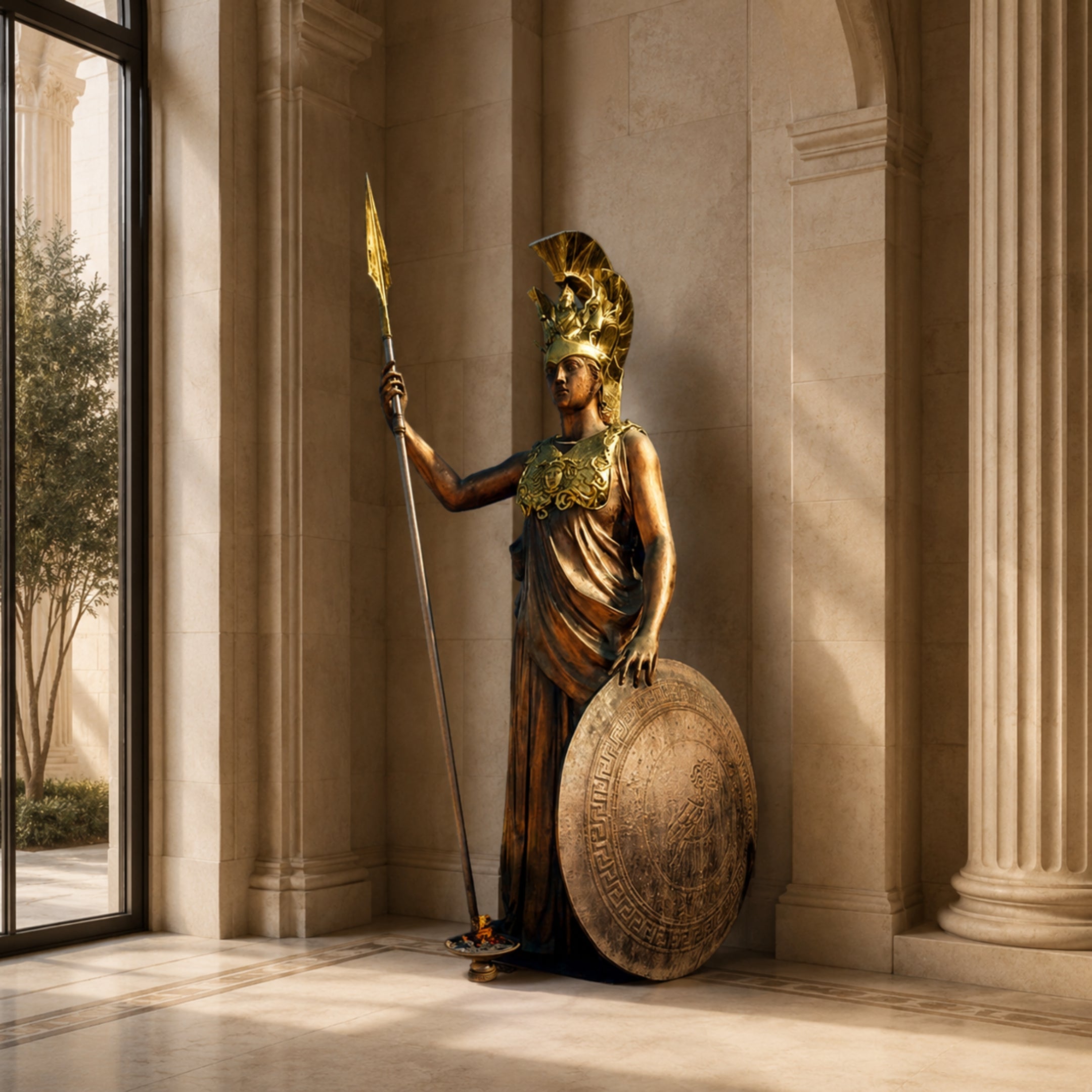 Monumental Classical Armoured Goddess Bronze Statue 250cm by Giant Sculptures, holding a gold-tipped spear and round shield in a pale stone hall.