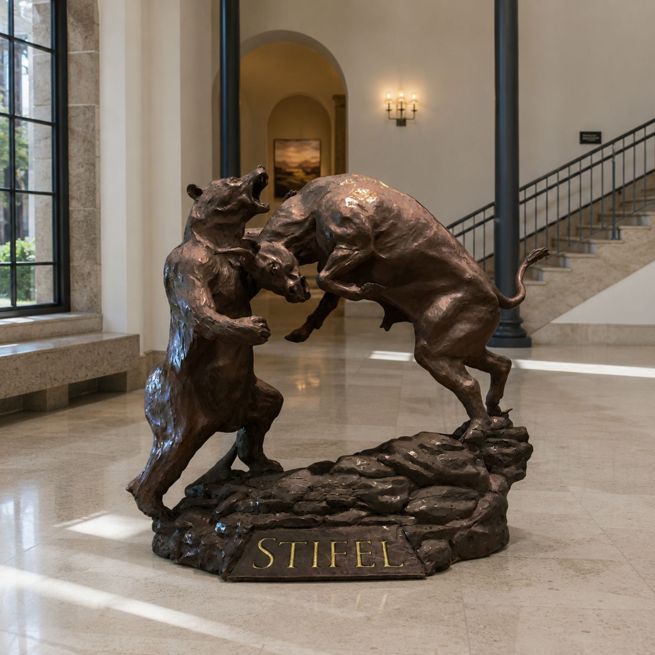 Monumental Bull and Bear Combat Bronze Sculpture by Giant Sculptures displayed in a marble lobby, showing both animals rearing on a rocky base marked STIFEL.