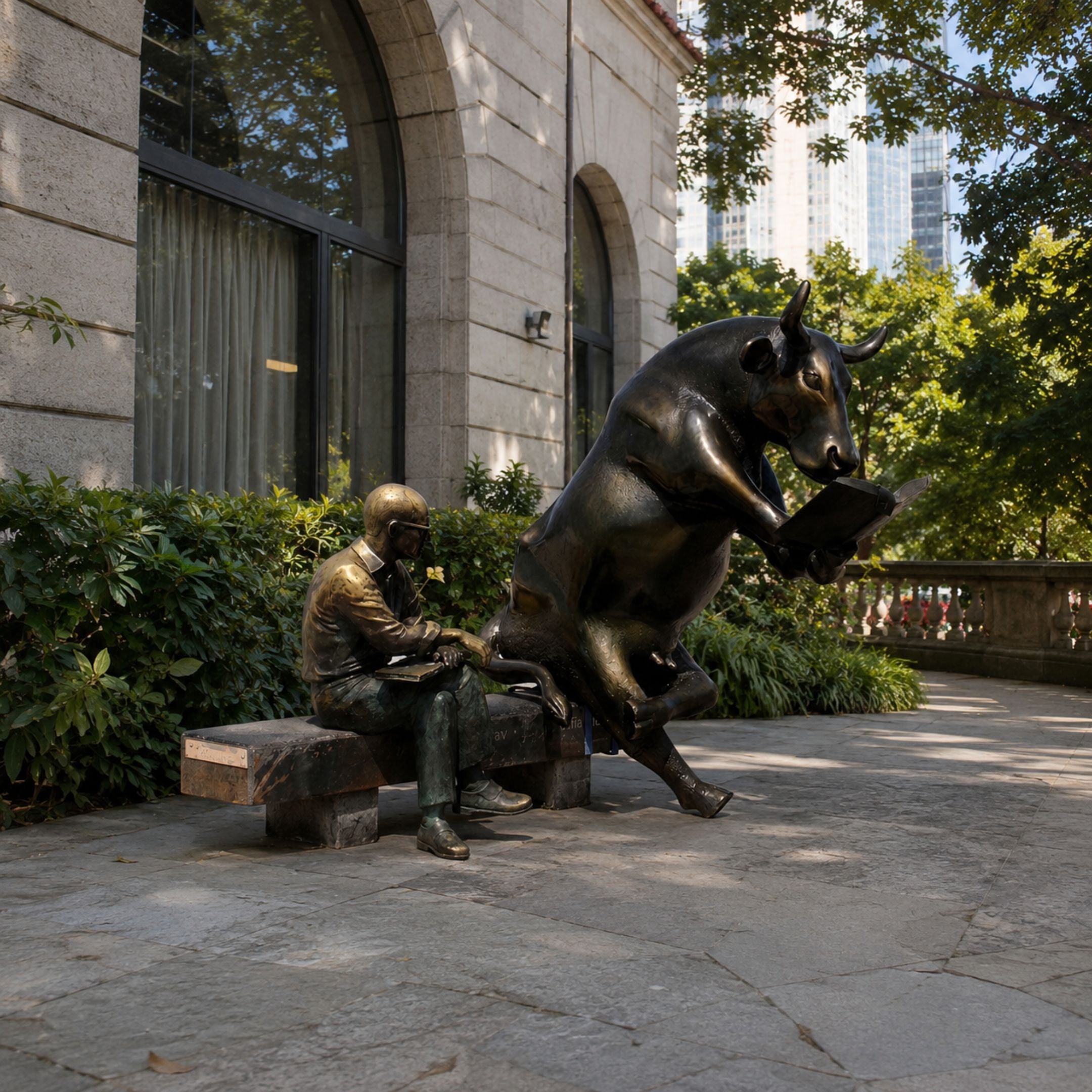 Life-Size Contemporary Bull and Man Reading Bronze Sculpture by Giant Sculptures, dark rearing bull and golden-brown seated man sharing a bench outside a stone building.