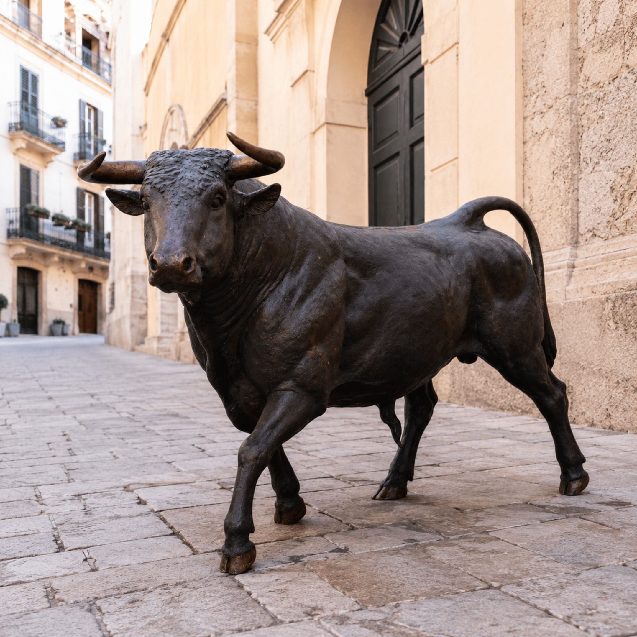 Life-Size Walking Longhorn Bull Bronze Sculpture by Giant Sculptures in dark patina, positioned mid-stride on stone paving beside an arched palazzo entrance.