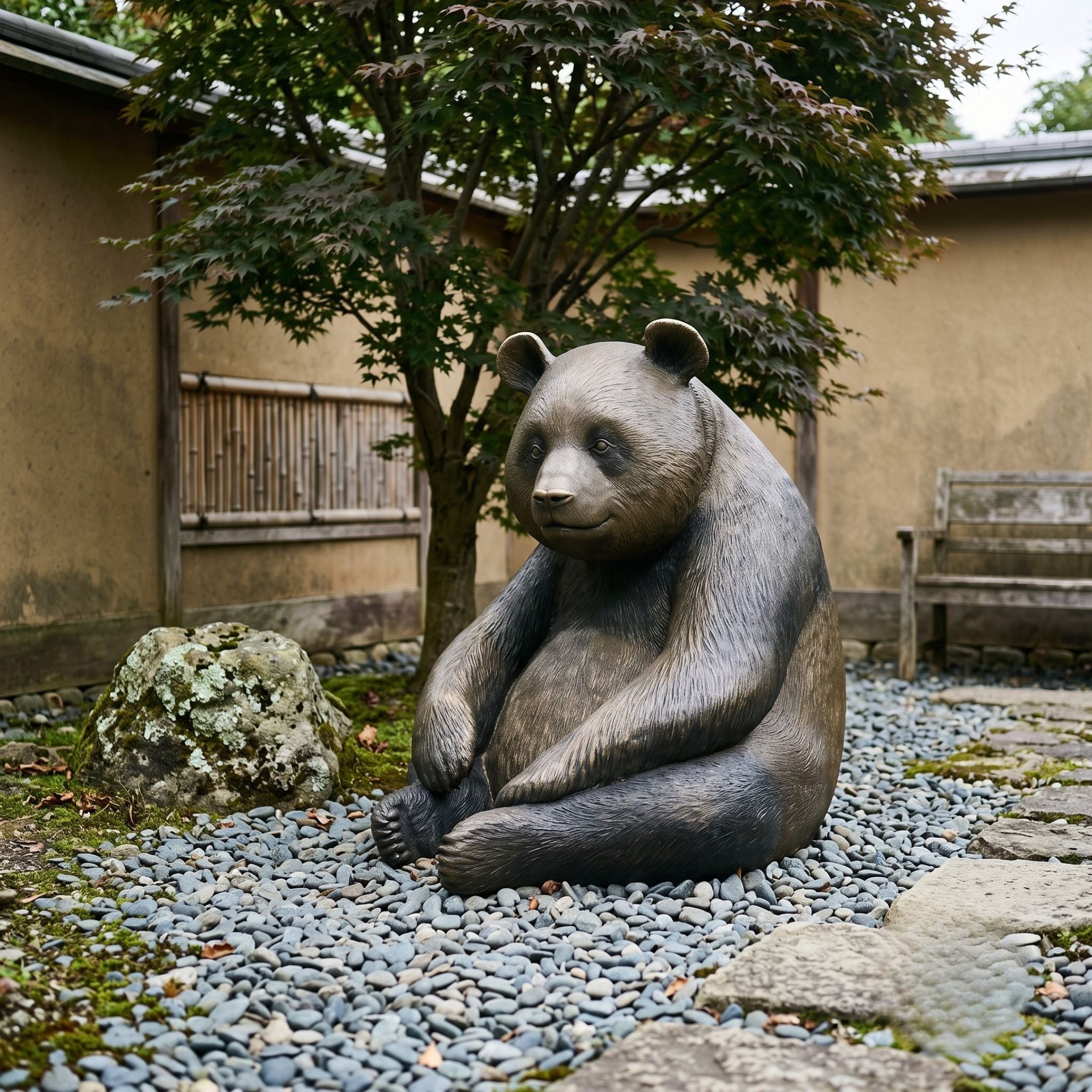 Life-Size Contemporary Seated Panda Bronze Sculpture by Giant Sculptures on pebbles beside a mossy rock and Japanese maple in a walled garden courtyard.