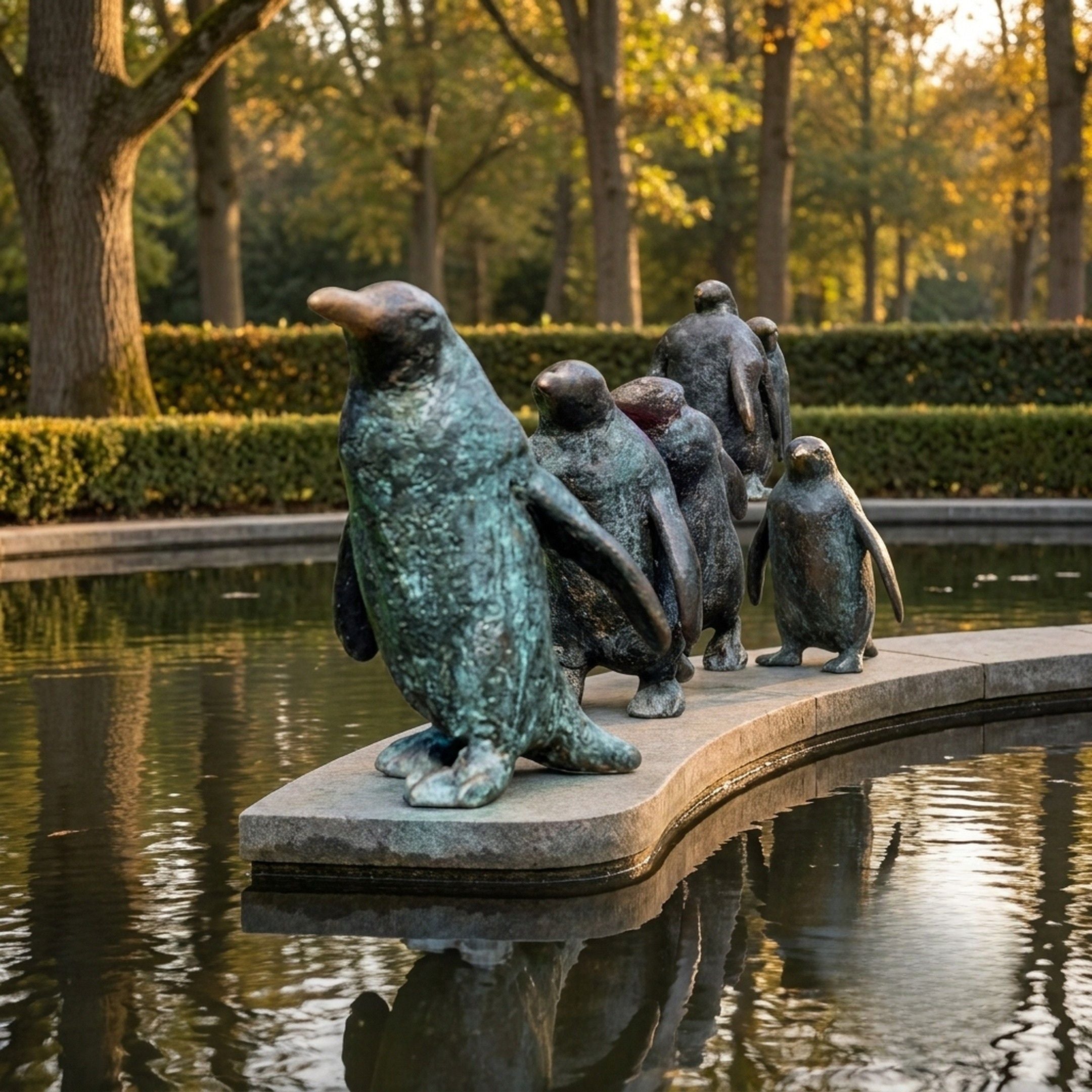 Contemporary Life-Size Penguin Group Bronze Sculpture by Giant Sculptures, five penguins with green verdigris patina on a curved stone ledge above a garden pond.