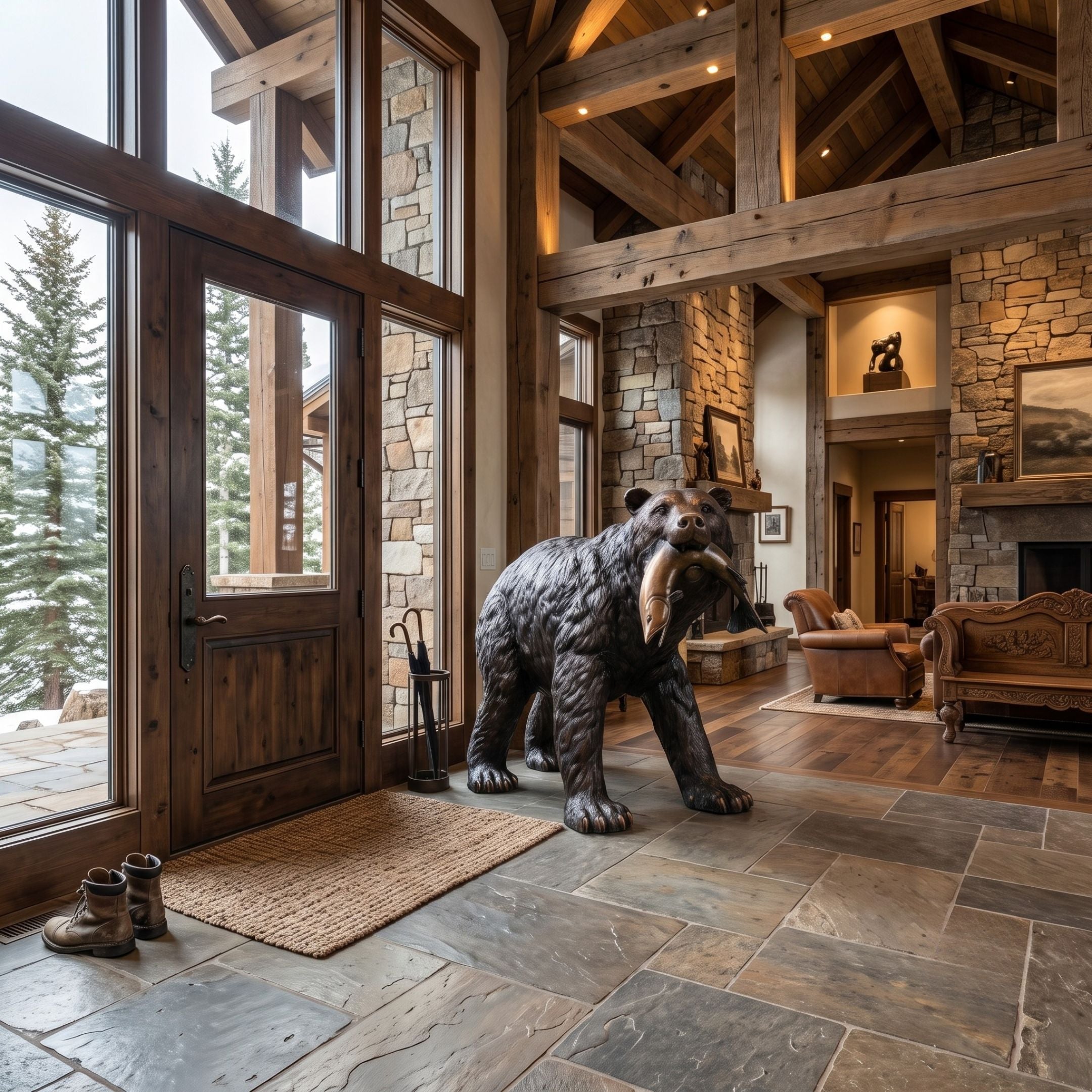 Life-Size Traditional Walking Bear Bronze Sculpture by Giant Sculptures with a salmon in its jaws, displayed in a rustic timber and stone entrance hall.