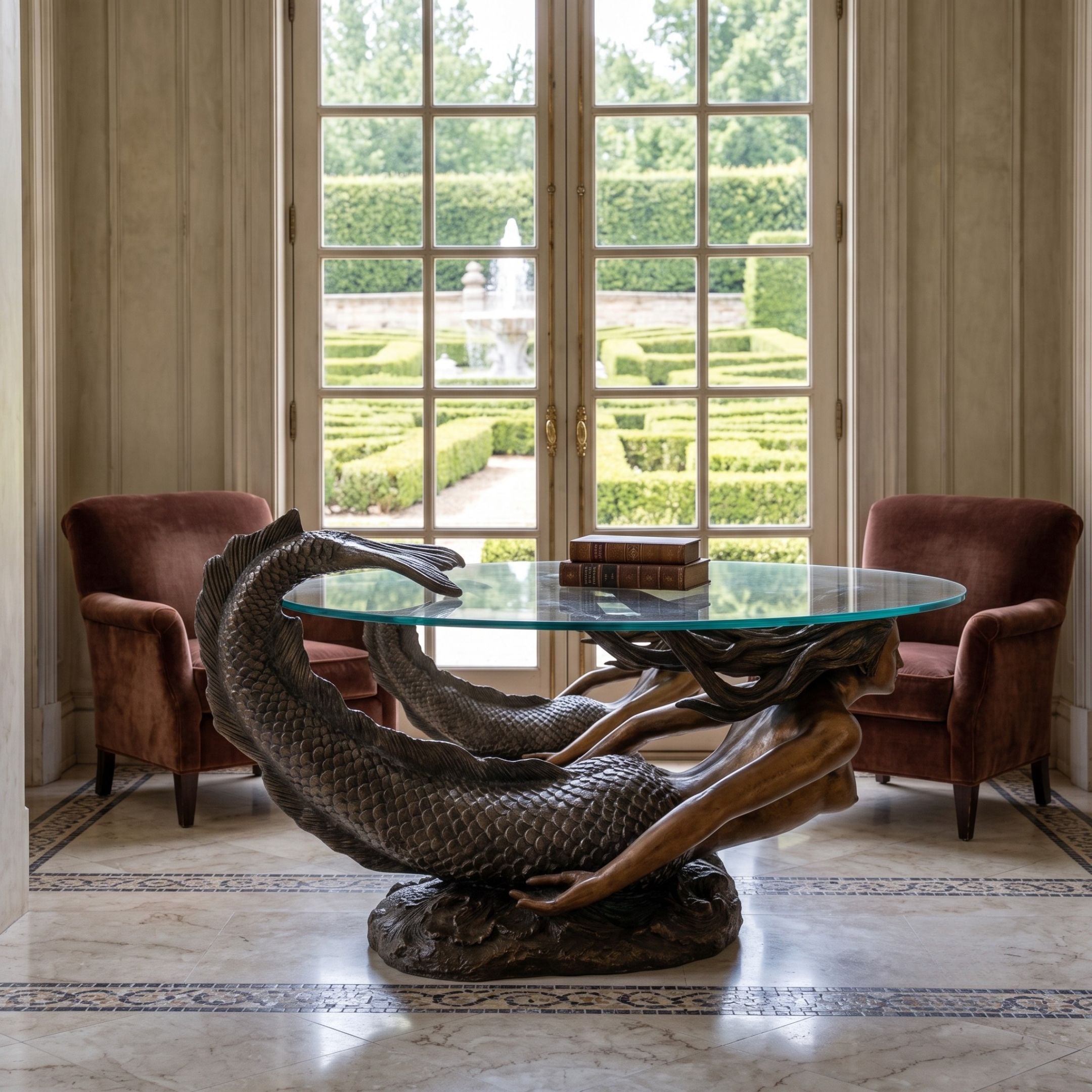 Classical Reclining Mermaid Bronze Table Sculpture by Giant Sculptures with glass top and books, set between velvet armchairs by garden-view French doors.