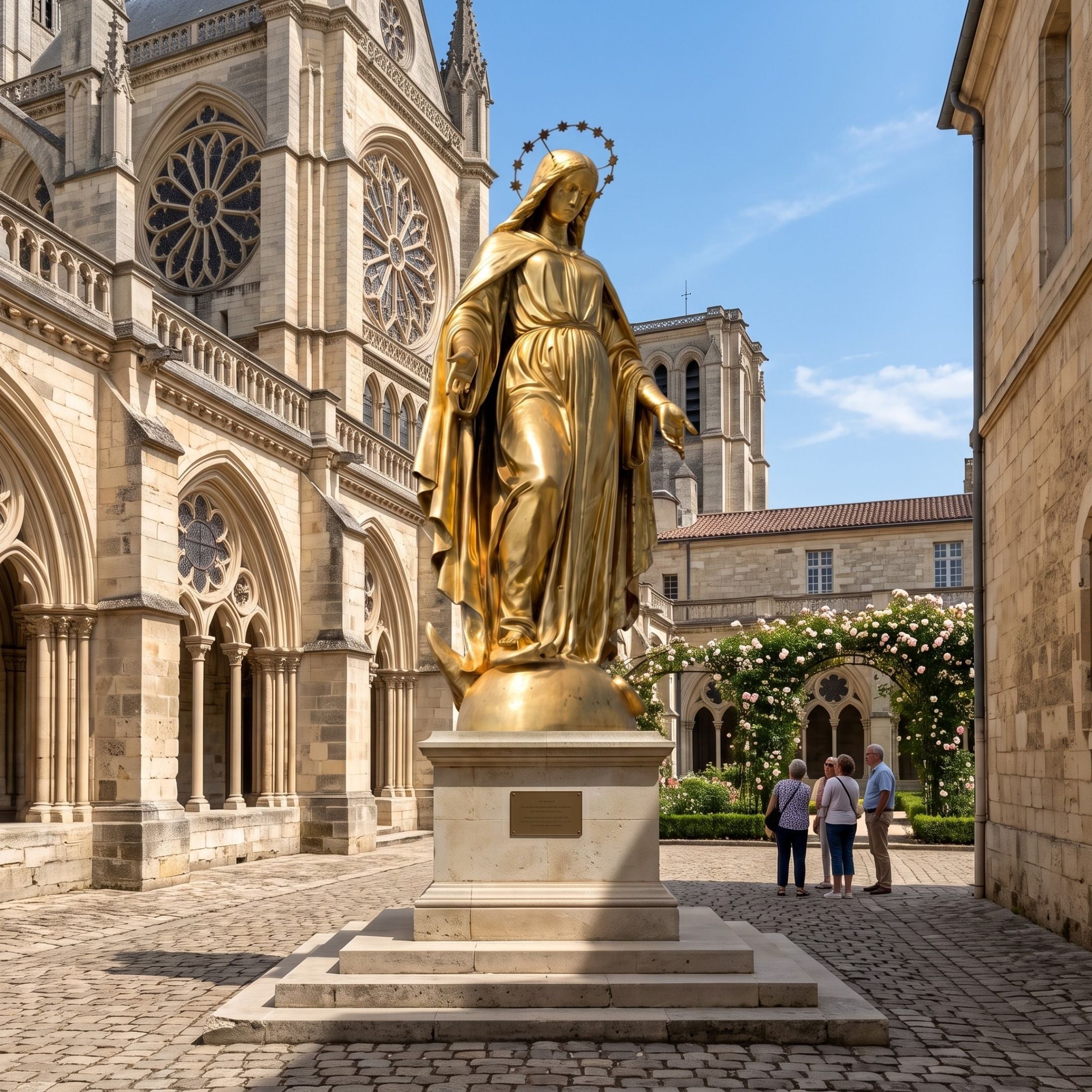 Monumental Classical Virgin Mary Bronze Statue - 400cm in gold patina finish on a stone pedestal in a cathedral courtyard, arms extended outward.