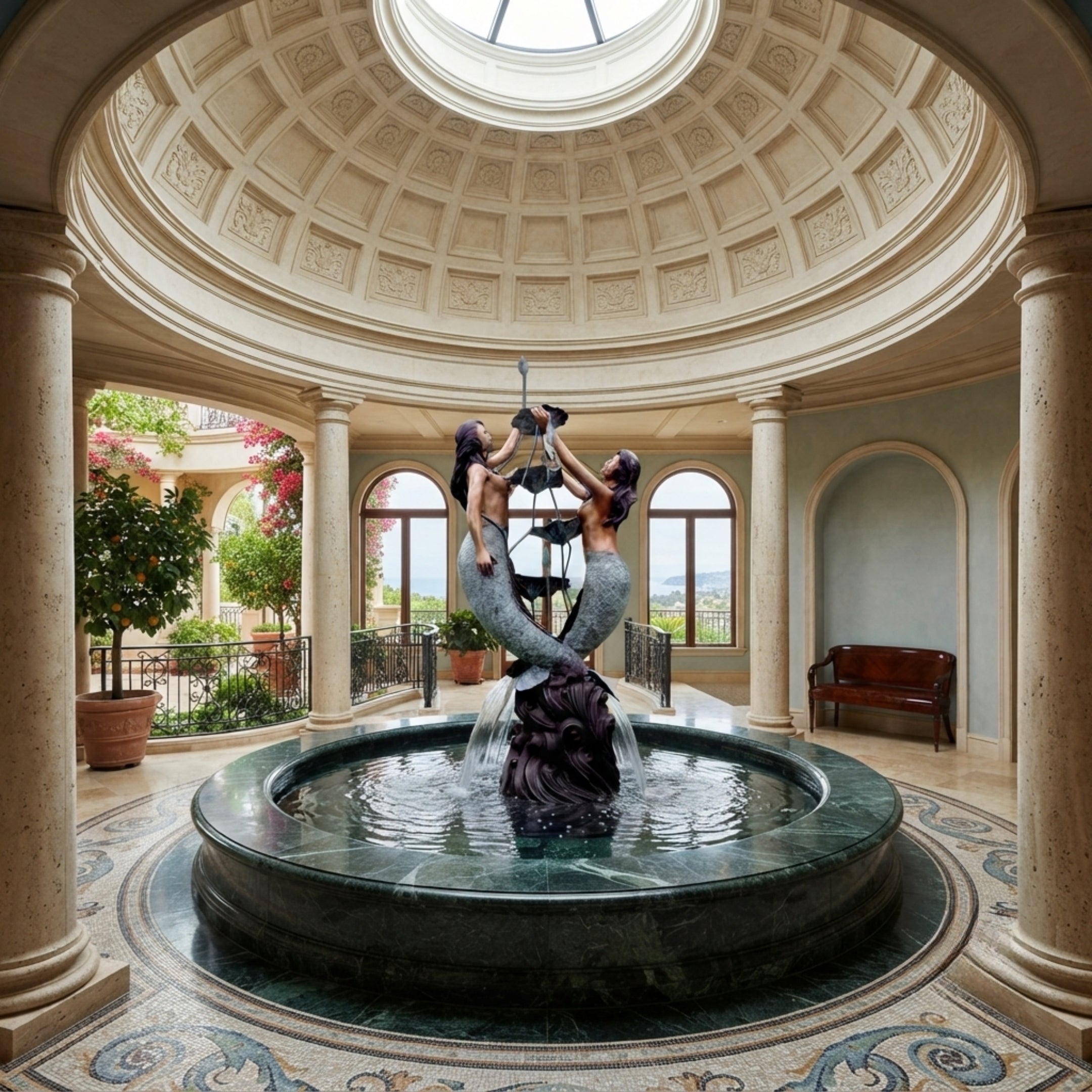 Monumental Classical Intertwined Mermaids Bronze Fountain by Giant Sculptures set in a domed rotunda with mosaic floor, columns, and arched garden views.
