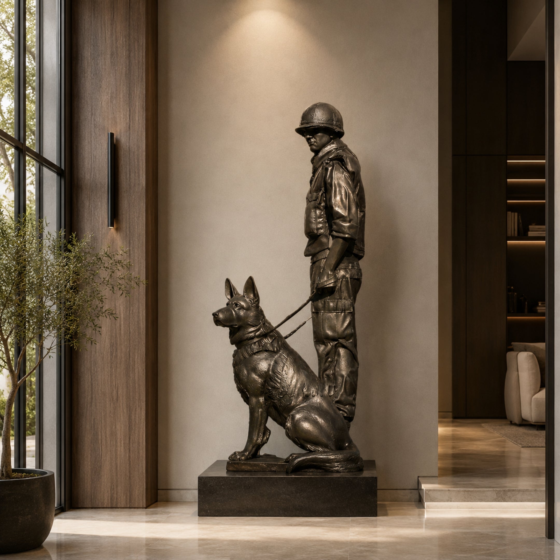 Monumental Soldier and German Shepherd Bronze Sculpture by Giant Sculptures on a dark plinth in a modern entryway with olive tree and wood panelling.
