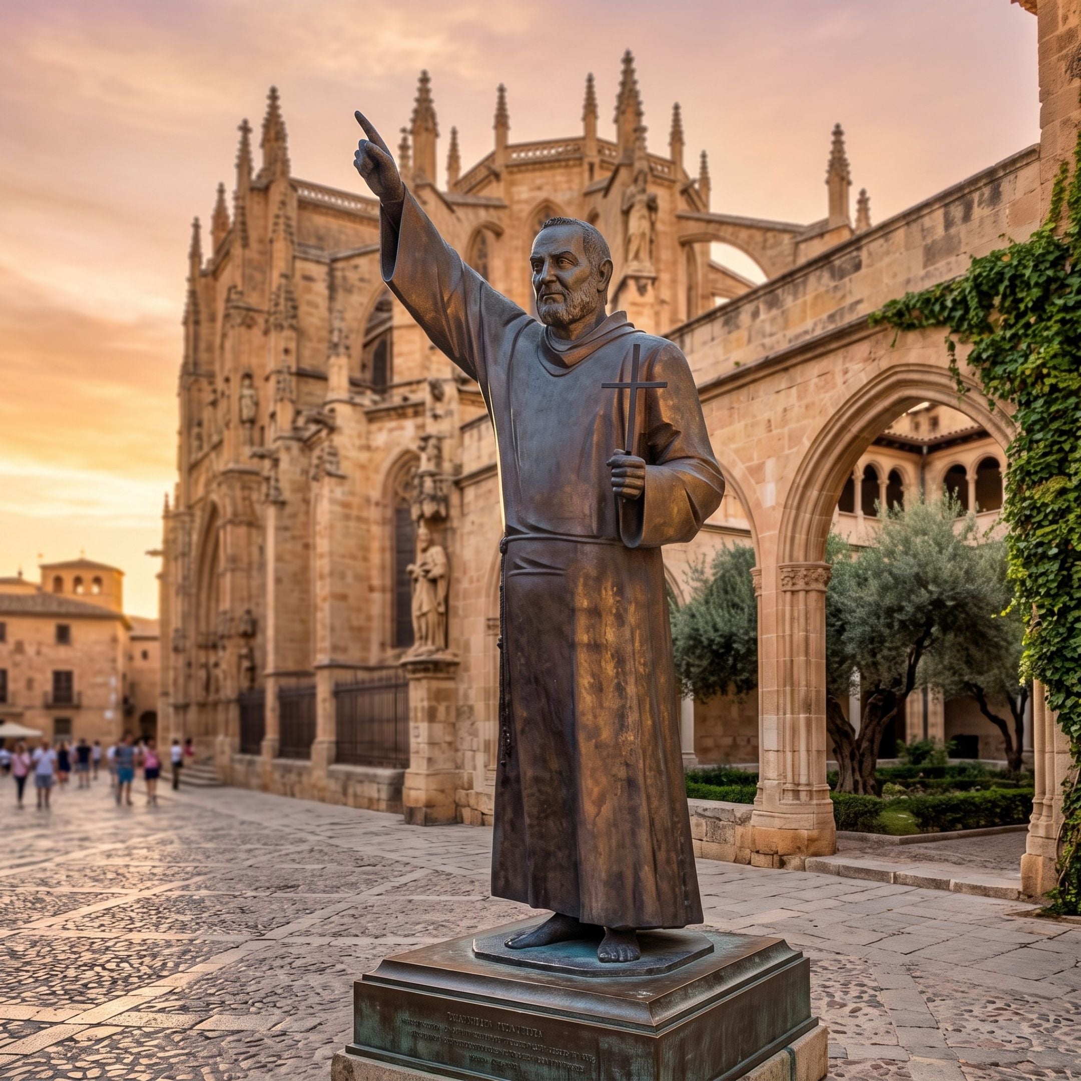 Giant Sculptures Large Traditional Robed Figure Bronze Sculpture 210cm, arm raised skyward and holding a cross, displayed on a plinth outside a Gothic cathedral.