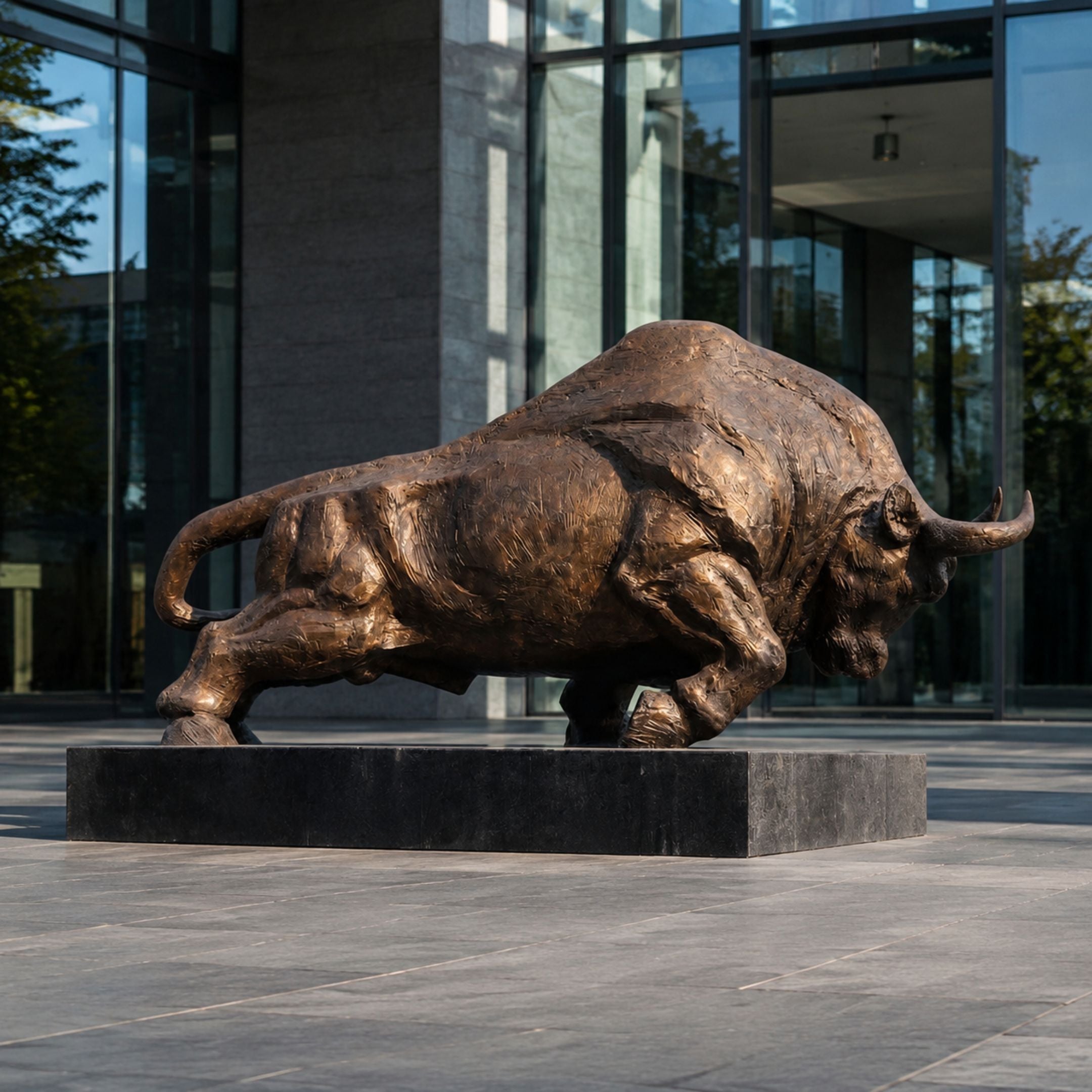 Monumental Charging Bull Bronze Sculpture by Giant Sculptures, 320cm, shown in charging pose on a dark granite plinth outside a modern glass building.