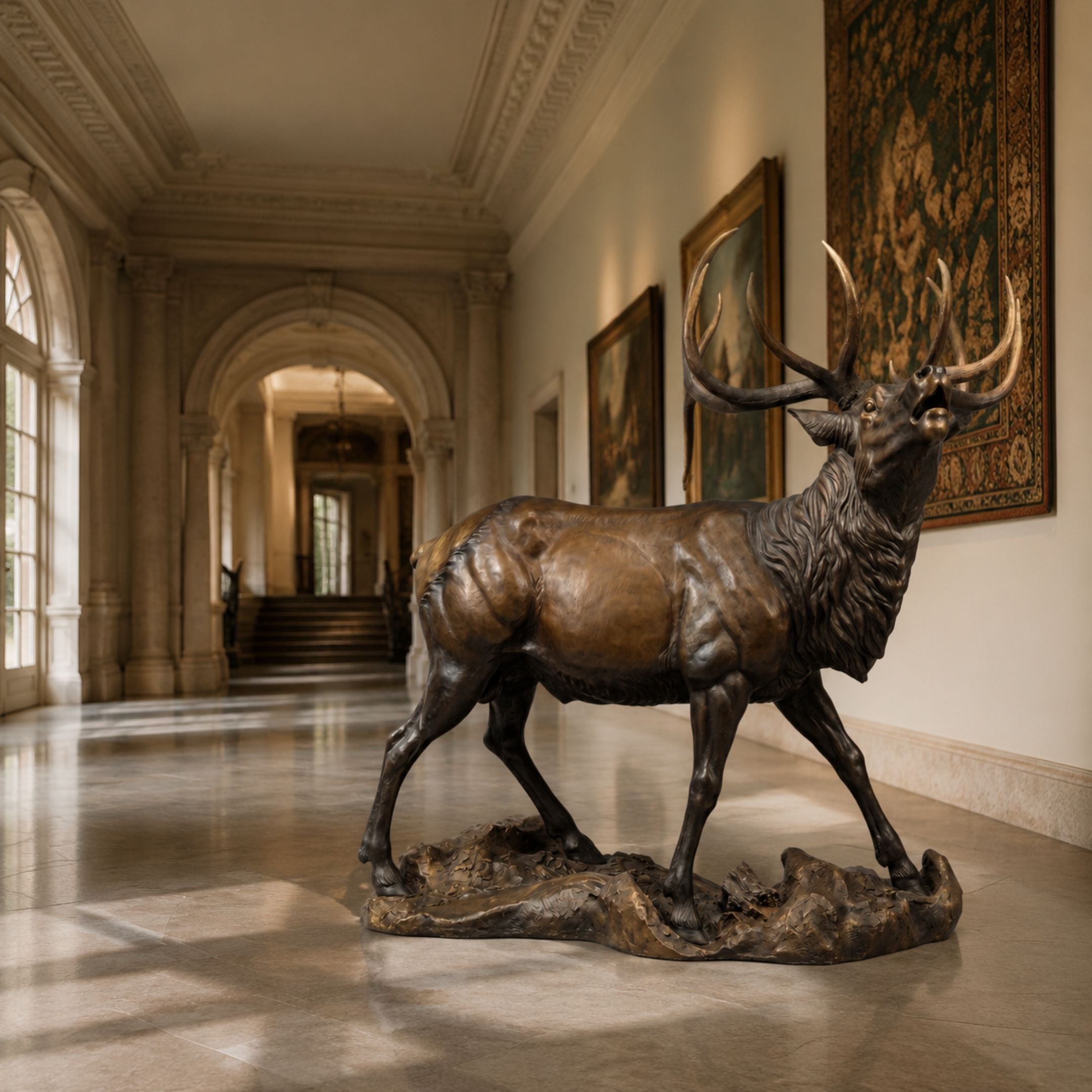 Life-Size Bugling Bull Elk Bronze Sculpture by Giant Sculptures displayed in a grand hallway with tapestries and paintings, head raised mid-call on a rocky base.