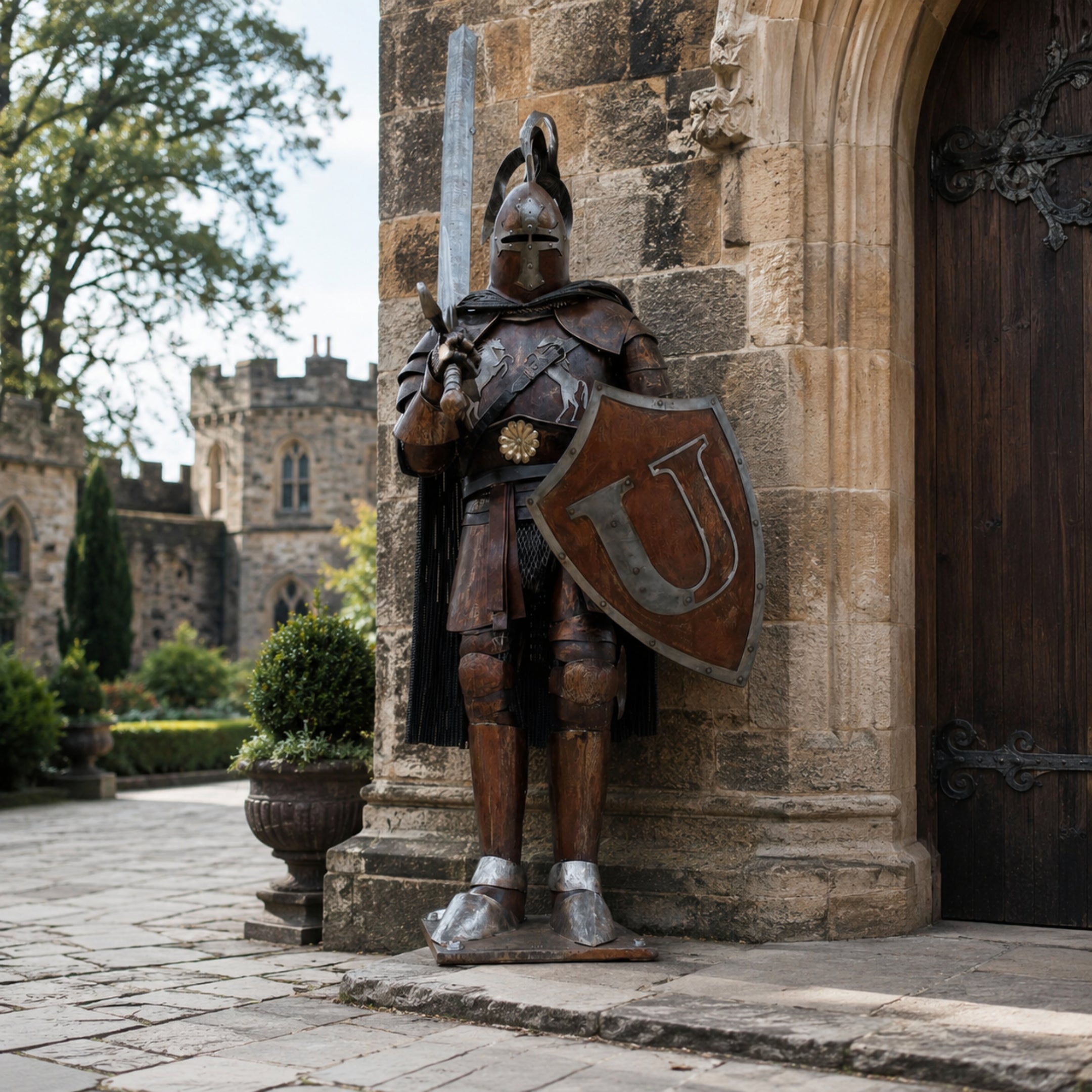 Monumental Heraldic Armoured Knight Bronze Sculpture by Giant Sculptures, 320cm, holding a raised sword and U-emblem shield beside a castle archway.